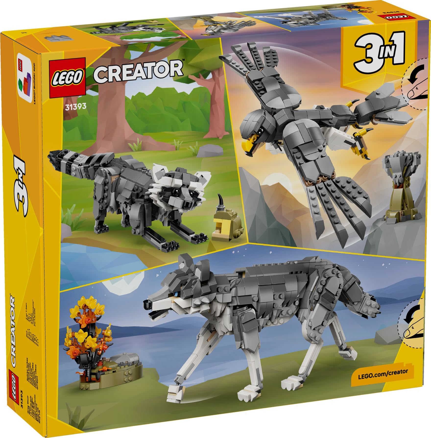 LEGO Creator 3-en-1 Les Animaux de la Forêt : Le Loup Gris - Jouet - Figurine d'animal se Transformant en Faucon ou Raton Laveur - Décoration DIY - Cadeau d'anniversaire Fille ou Garçon 8 Ans 31393