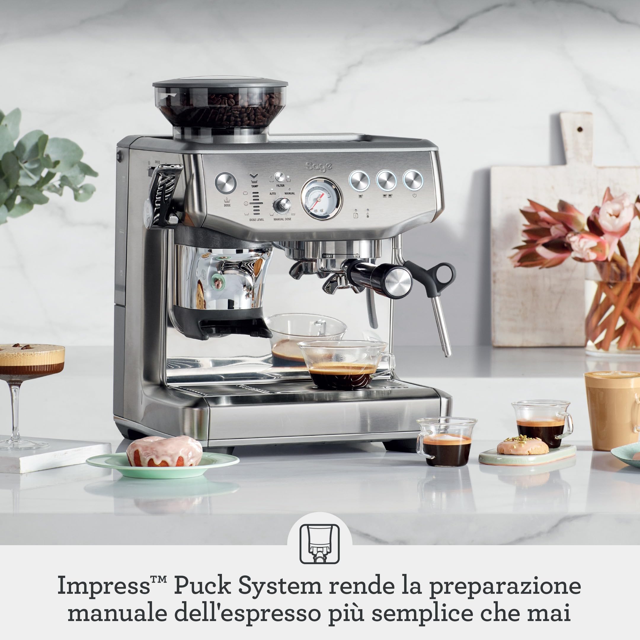 Sage - The Barista Express Impress - Macchina Caffè in Grani con Macinacaffè Integrato, Dosaggio e Pressatura Automatica (10 kg), Lancia Vapore Manuale per Latte Art - Acciaio Inox Spazzolato