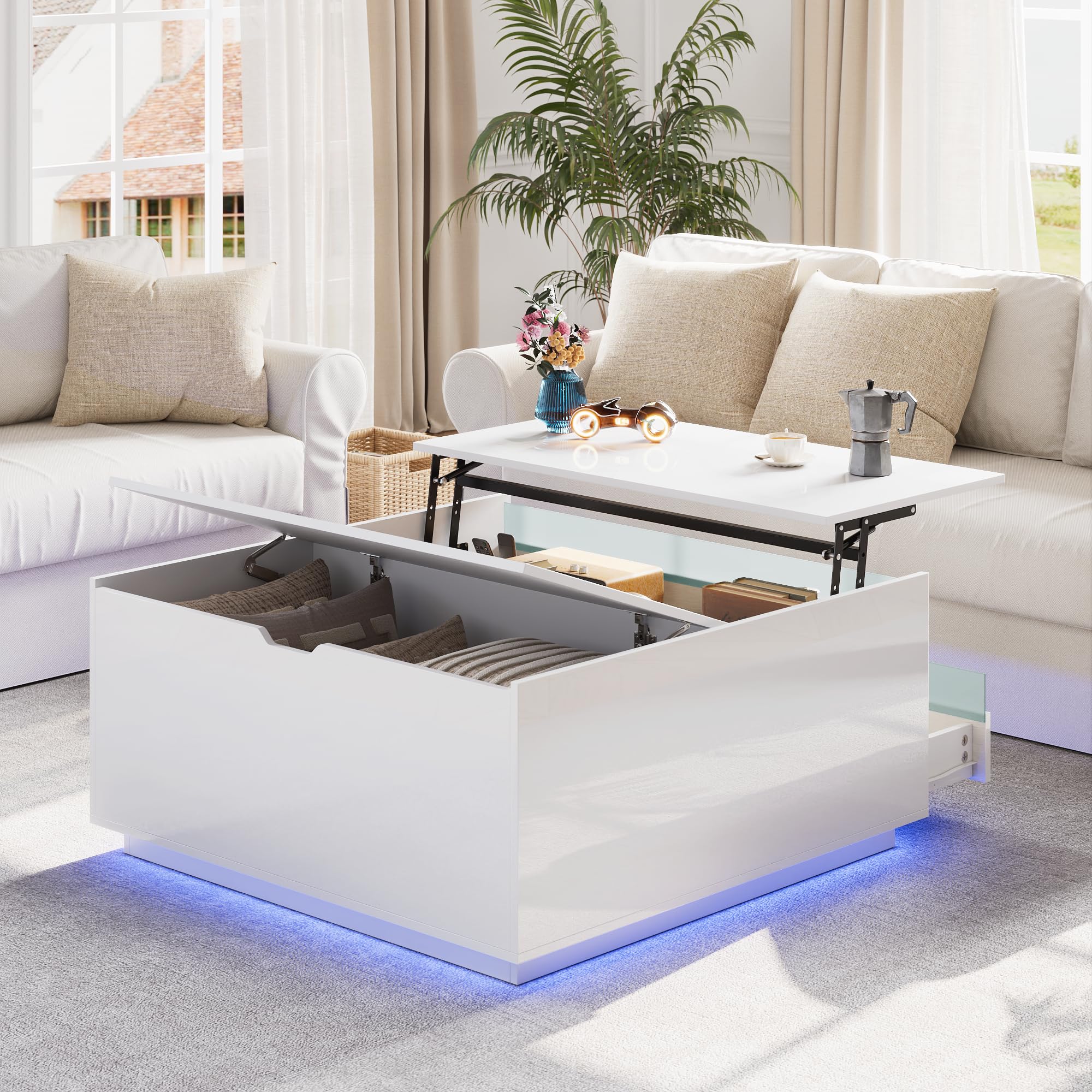 High Gloss Coffee Table with Storage,White Square Lift Top Coffee Tables with LED & Flip Lid, Small Modern Coffee Table for Living Room with Drawer