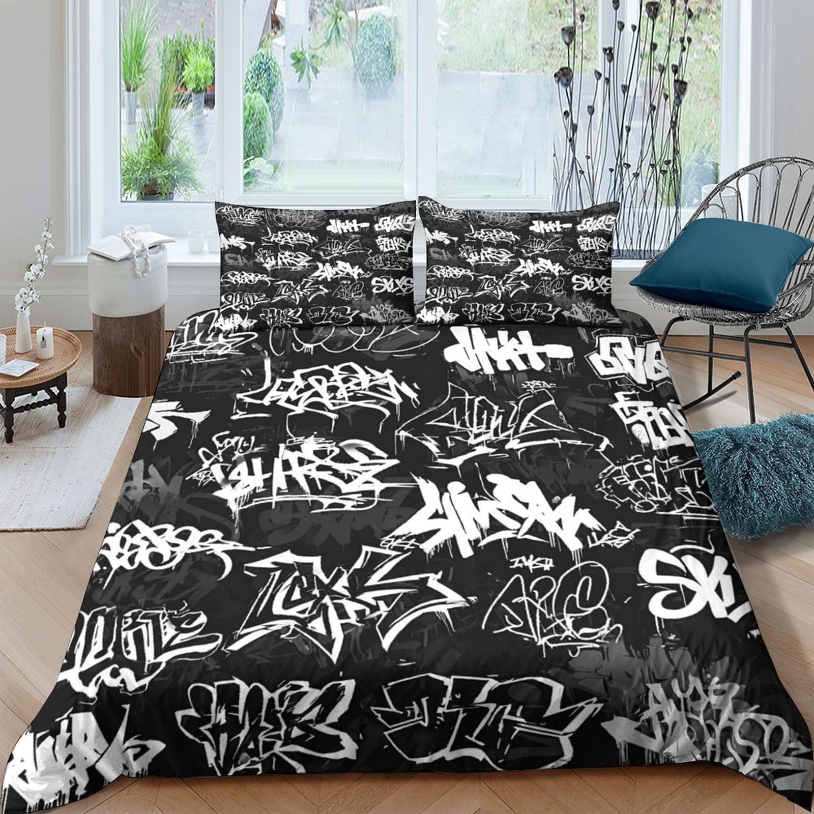 Ctjqhvkz Style-9 3D Printed Graffiti Black Fitted Sheet Microfiber Urban Street Art Bed Cover For Bedroom Dorm Mattress Protection Single（135X200cm）