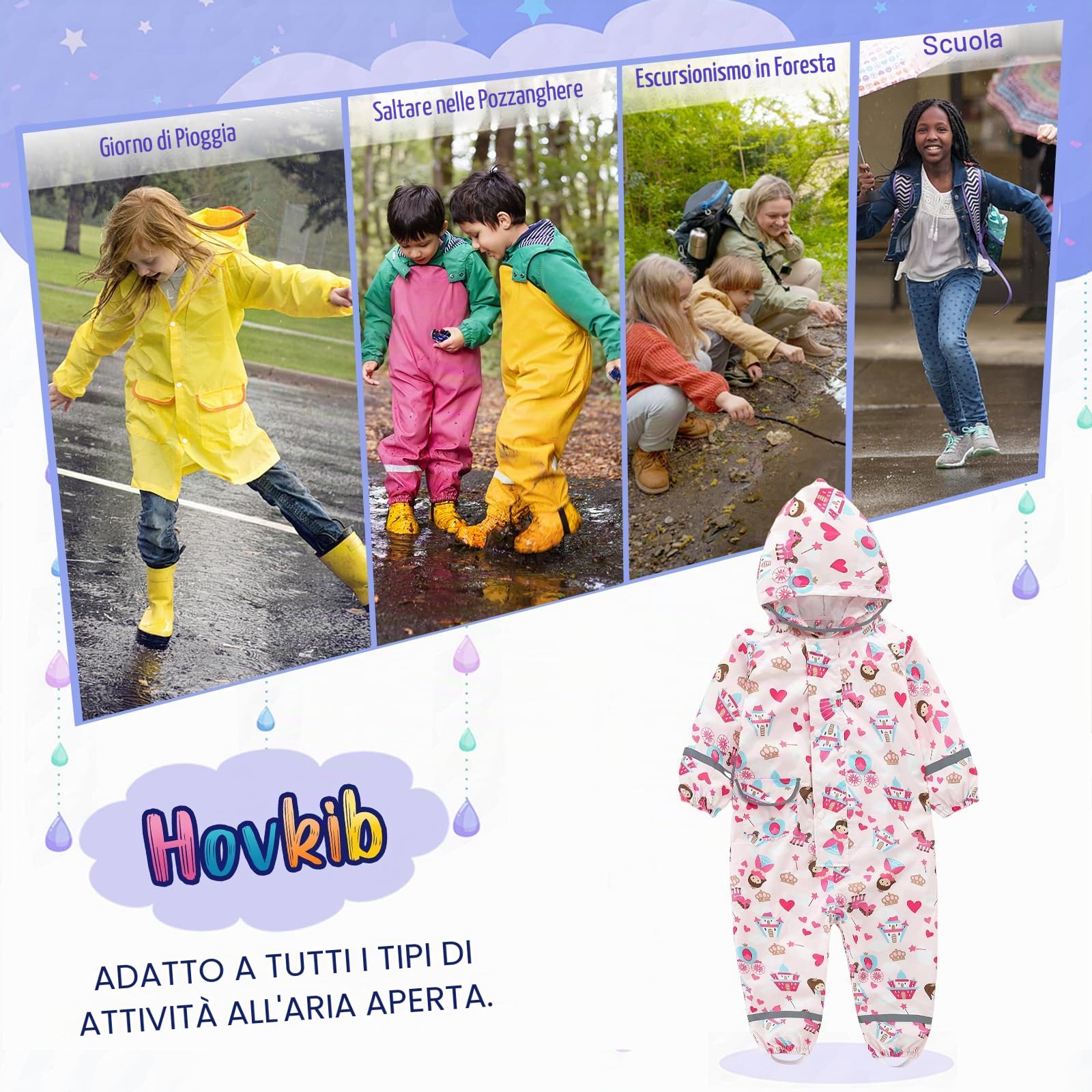 Bambini Impermeabile Ragazzi Ragazze Tuta da Pioggia Leggero Tutto in Uno Giacche Stampe Cartone Tutina Giacca da Pioggia Poncho Portatile 1-10 Anni
