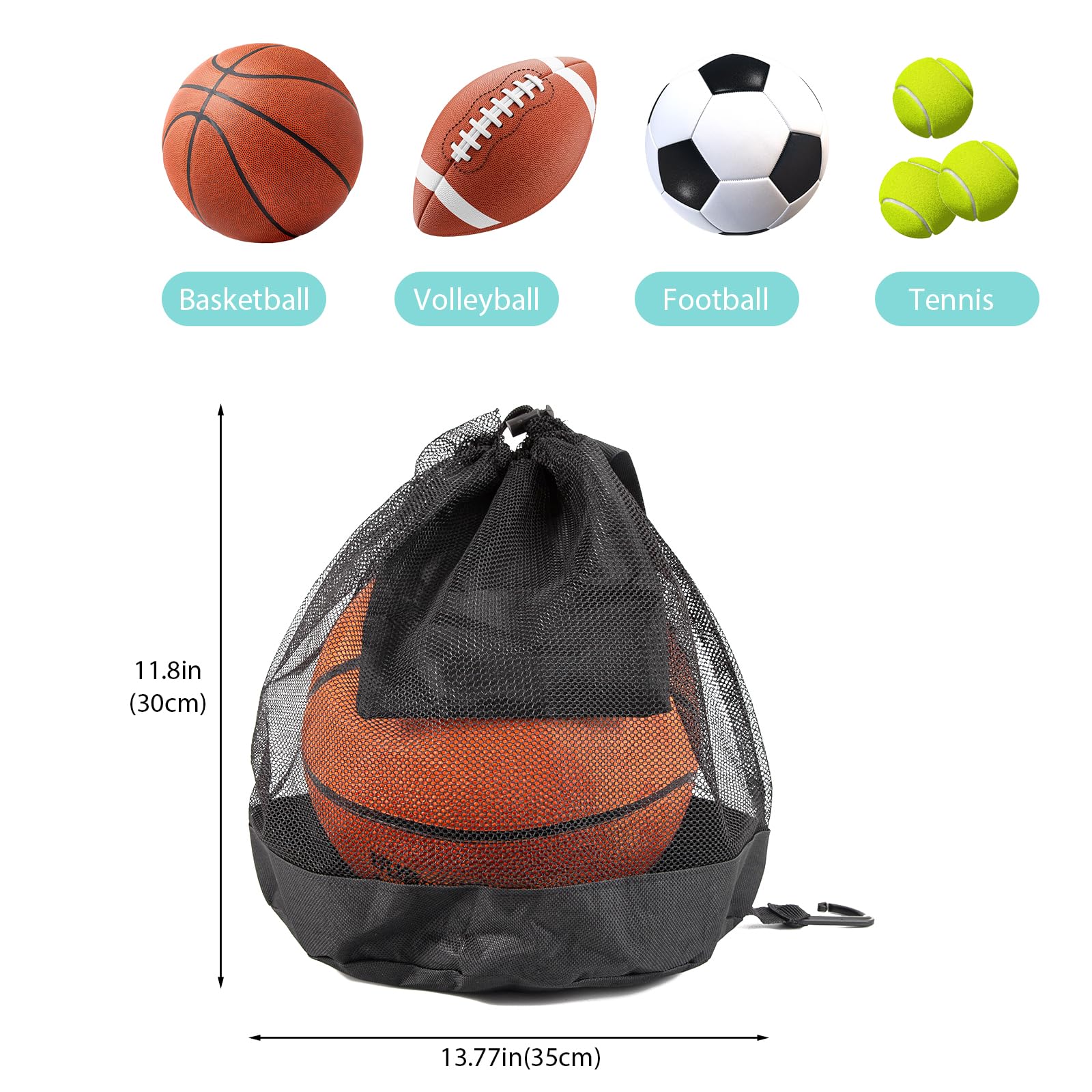 BROTOU Single Ball Bag With Double Hook - Mesh Drawstring Backpack For Soccer, Basketball, Football, Volleyball - View #4