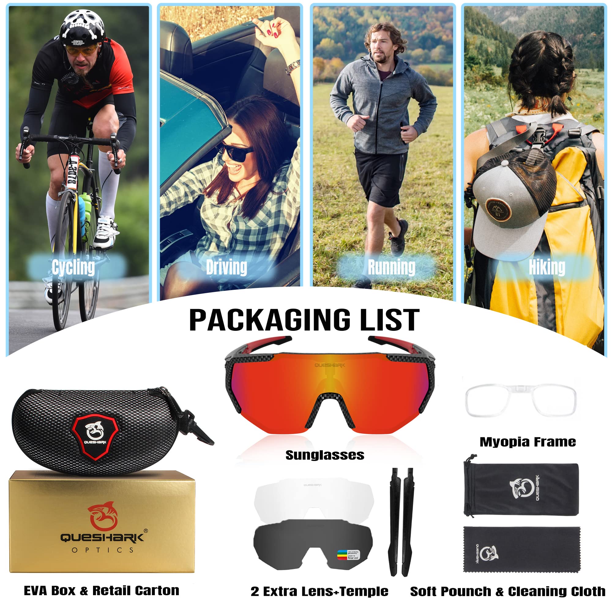 Queshark Polarizzati Anti-UV con 3 o 5 Lenti Occhiali da Ciclismo Bici MTB Intercambiabili per Sport Uomo Donna Guida Pesca Golf Baseball Corsa