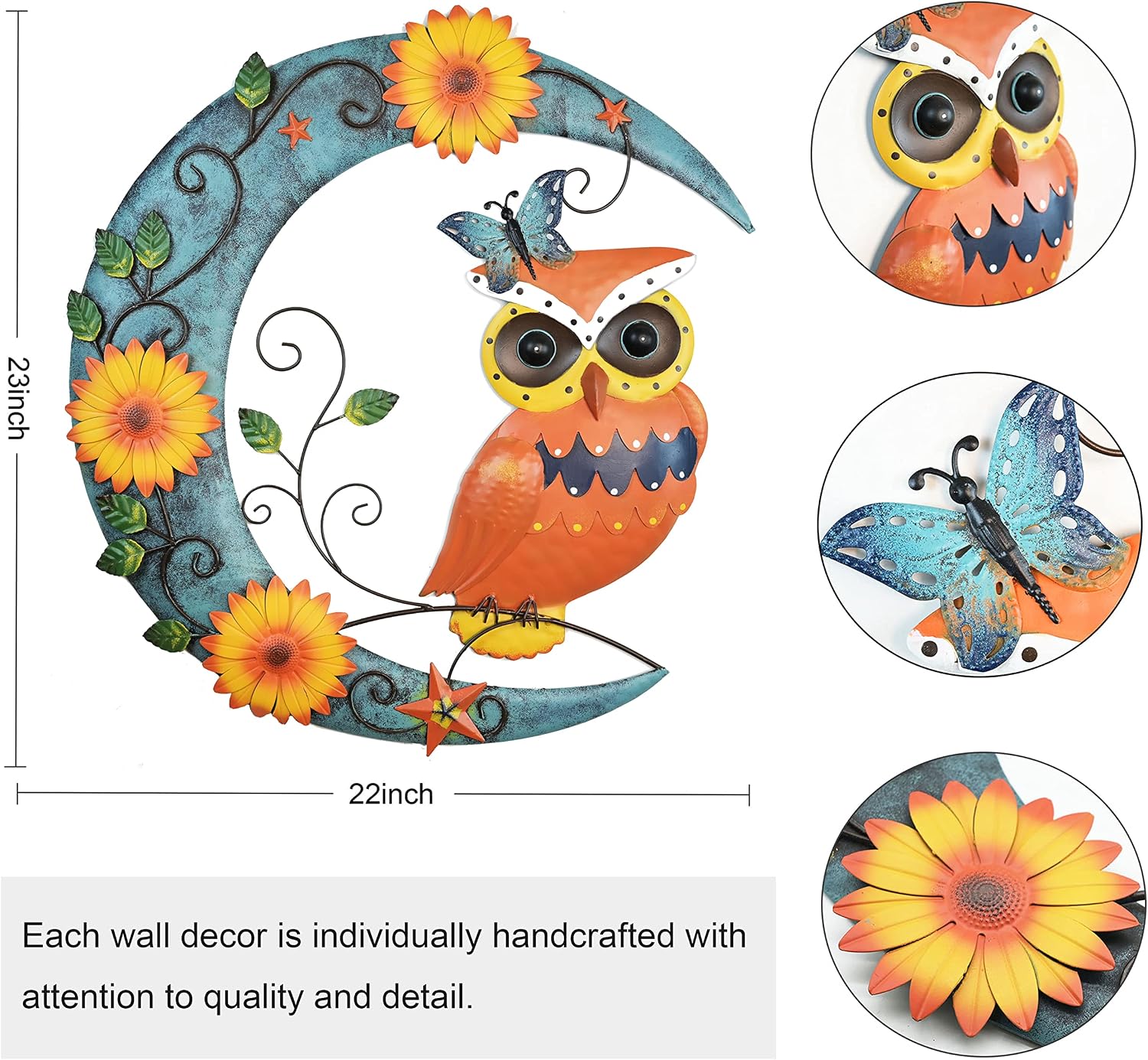 Remenna Metal Sun Wall Art Decor 21.5inch Hanging for Indoor Outdoor Home Bedroom Living Room Office Garden Yard Patio Rustic Finish (OWL&MOON)