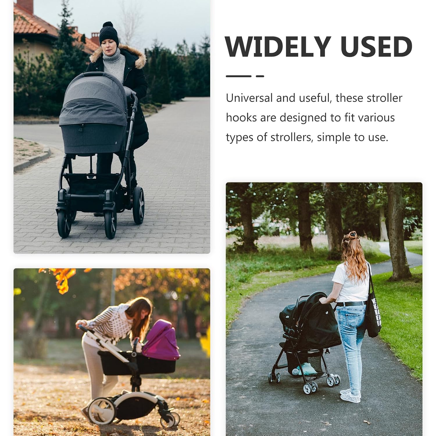2 pcs Rotatable Stroller Hooks with Hook and Loop Straps Stable Hanging Clips for Bags Diaper Bags Purses Easy Install Accessories for Outdoor Use