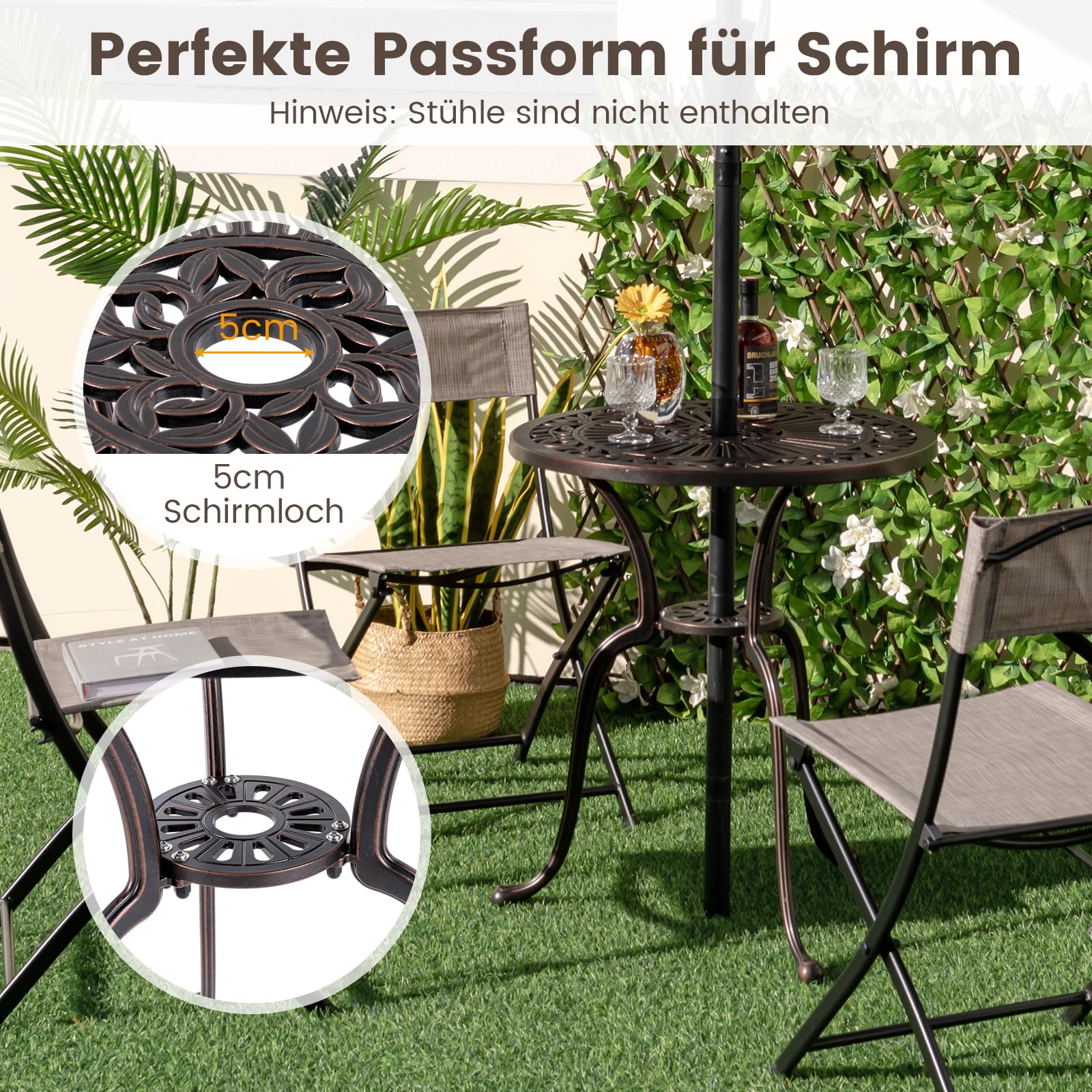 COSTWAY Gartentisch aus Aluminiumguss, 61x61x71cm, wetterfester Balkontisch mit Schirmloch und verstellbaren Fußpolstern, runder Bistrotisch für Garten, Hinterhof, Balkon