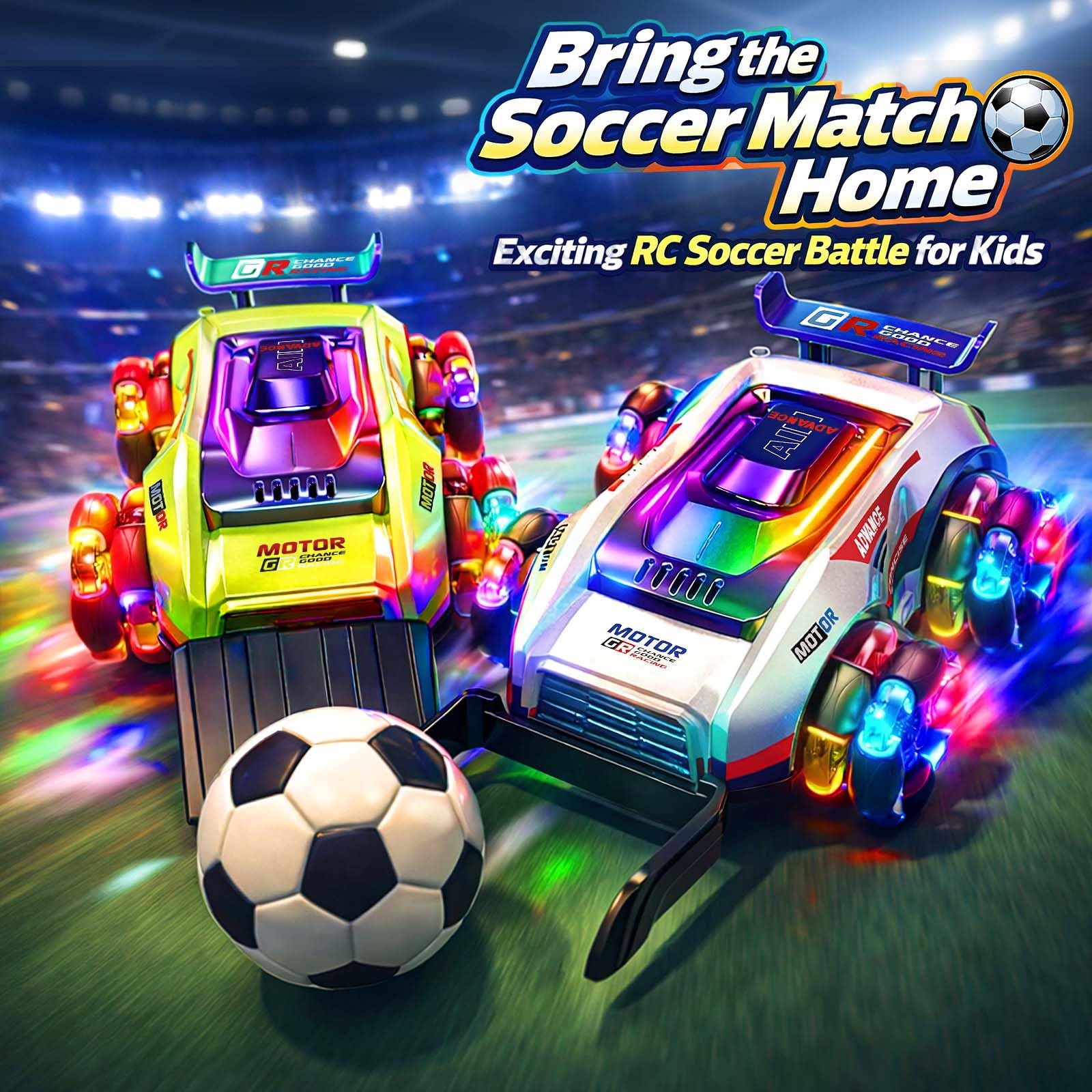 YESHIN 2 Coches de fútbol teledirigidos RC 2.4 GHz, Coches con luz LED y rotación 360°, Juego de fútbol con portería y Pelota, Juguete para niños 6+ años