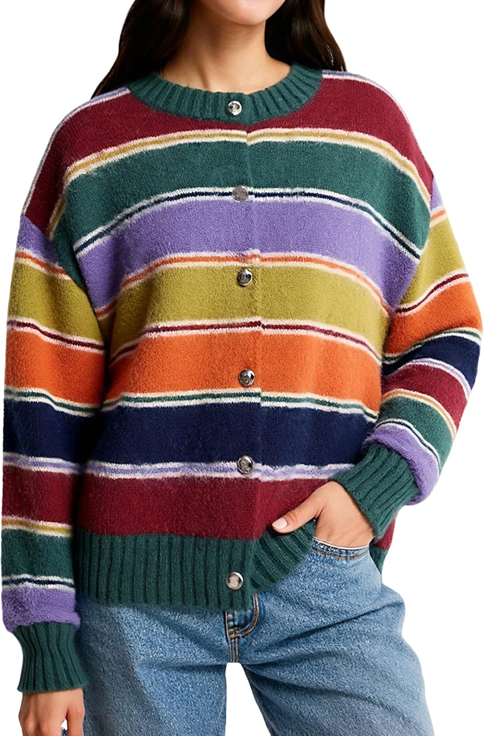 CHARTOU Women Striped Cardigan Sweaters Fall Trendy Rainbow Color Block Open Front Sweater Coats