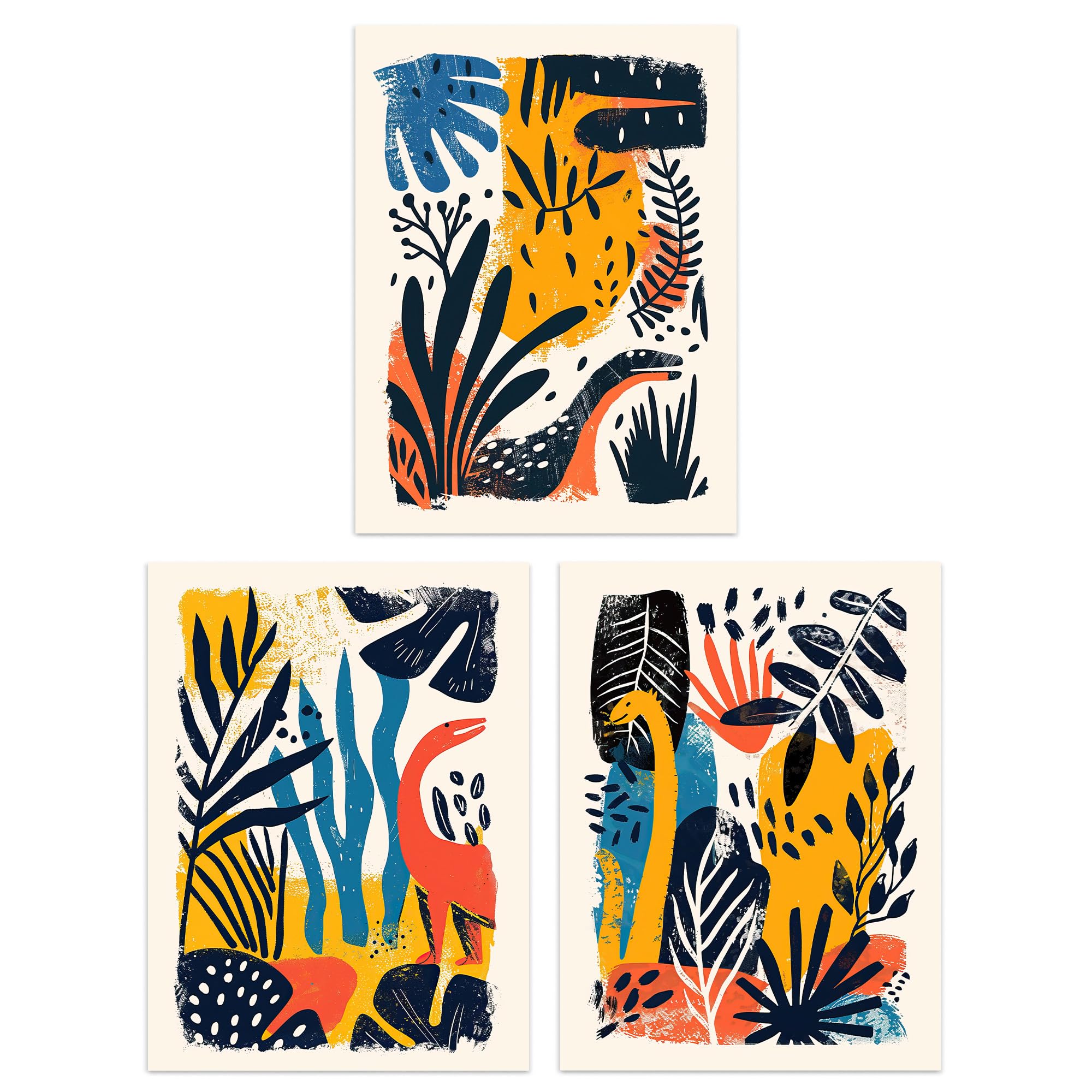 Artery8 Set of 3 Modern Abstract Dinosaur Jungle Wall Art Prints - 12x16 inch - Yellow