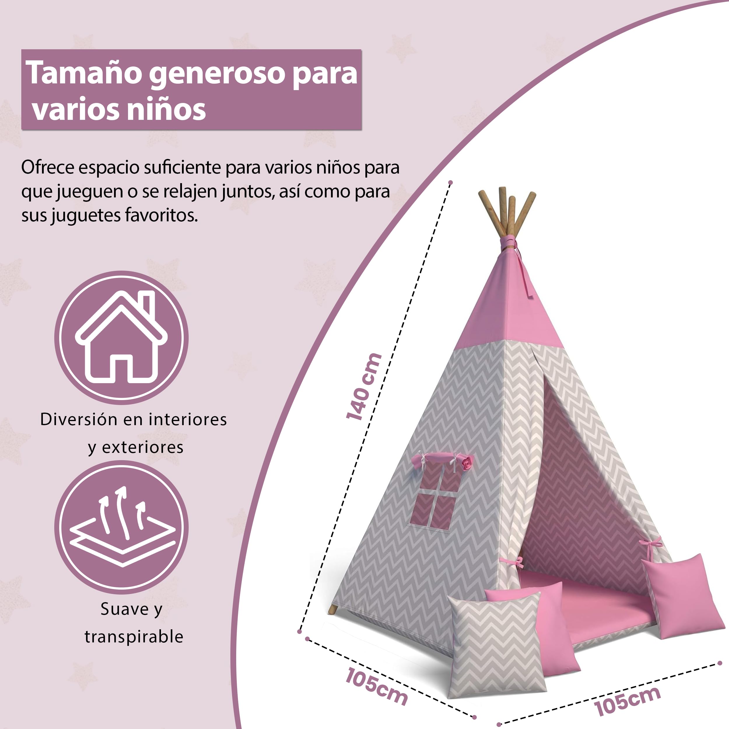 Tienda Tipi para Niños (Rosa) | Tienda de Campaña Infantil Interior | Carpa de Juegos con Cojines Suaves |Tipi Infantil Interior Seguro | Tienda de Juegos para niños Plegable