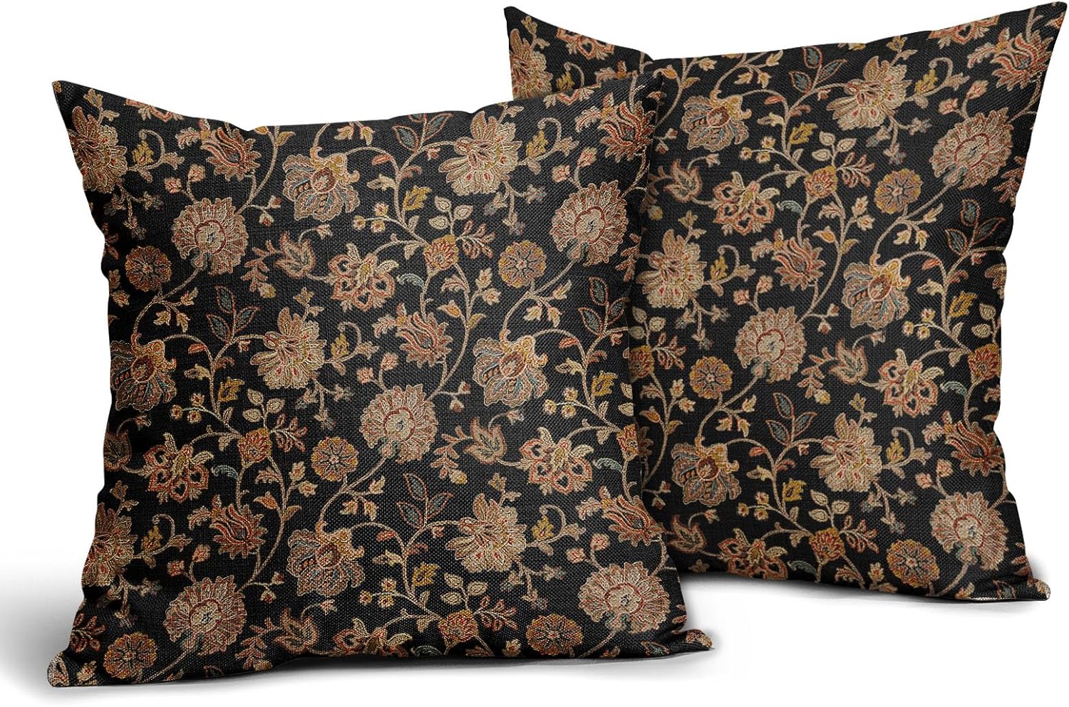 aportt Black Brown Floral Pillow Covers 22X22 Inch Set of 2 Vintage Boho Carpet Flowers Decorative Pillow Cases Leaves Plant Cotton Linen Cushion Case Farmhouse Home Decor for Sofa Couch Living Room - Image 2