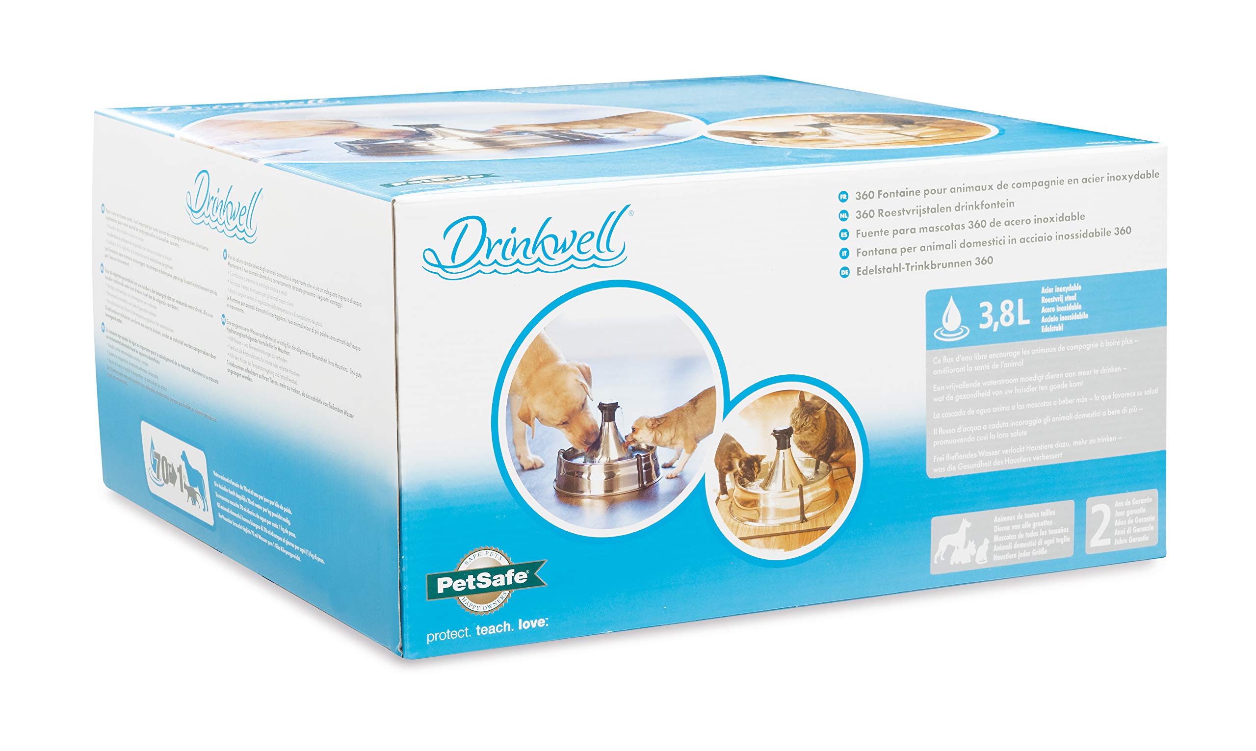 PetSafe Drinkwell - Fuente para Perros y Gatos de Acero Inoxidable - Flujo de Agua Ajustable y Capacidad de 3,8 litros