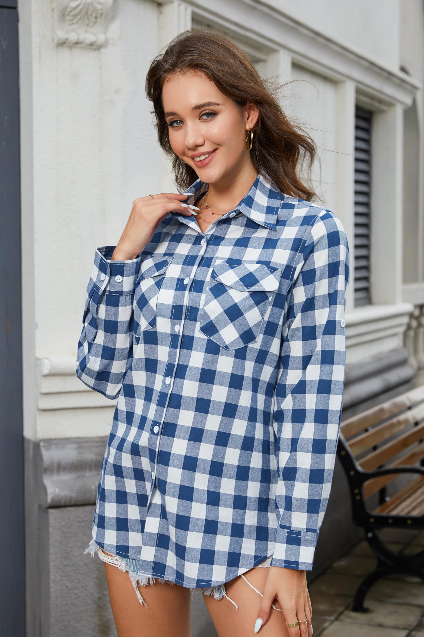 Camisa Cuadros Mujer Manga Larga con Botones Camisas Leñador Mujer Blusa Top Enrollable Casual Clásica Oficina Fiesta con Bolsillos S-3XL