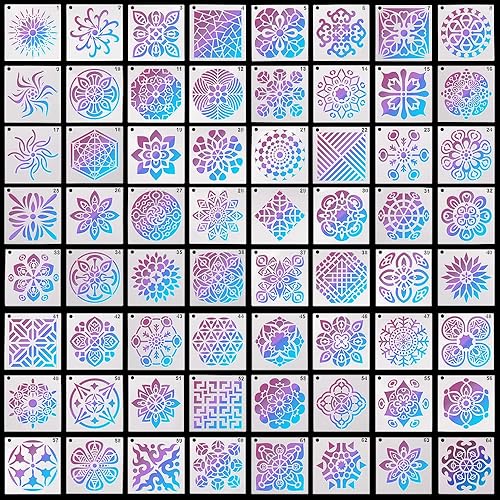 Miniatura 2 de 64 plantillas de pintura (3.543 in x 3.543 in), plantilla de puntos de mandala de DaKuan para creación artística, murales, libros, telas, creación