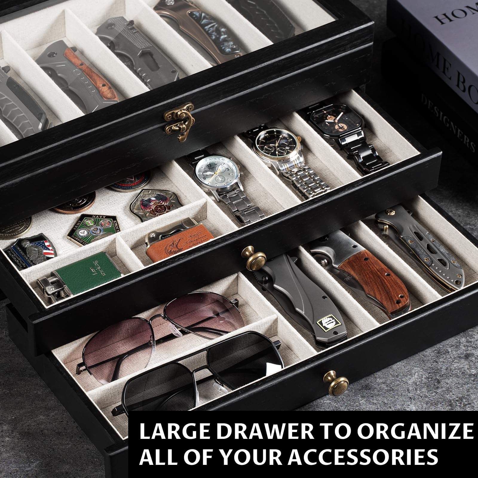 3 Étages Coffret Poignard, Bois Boîte Présentoir à Couteaux avec Tiroir et Couvercle Transparent, Support à Couteaux pour Exposer et Ranger les Couverts, pour Collection, Cadeau (Noir)