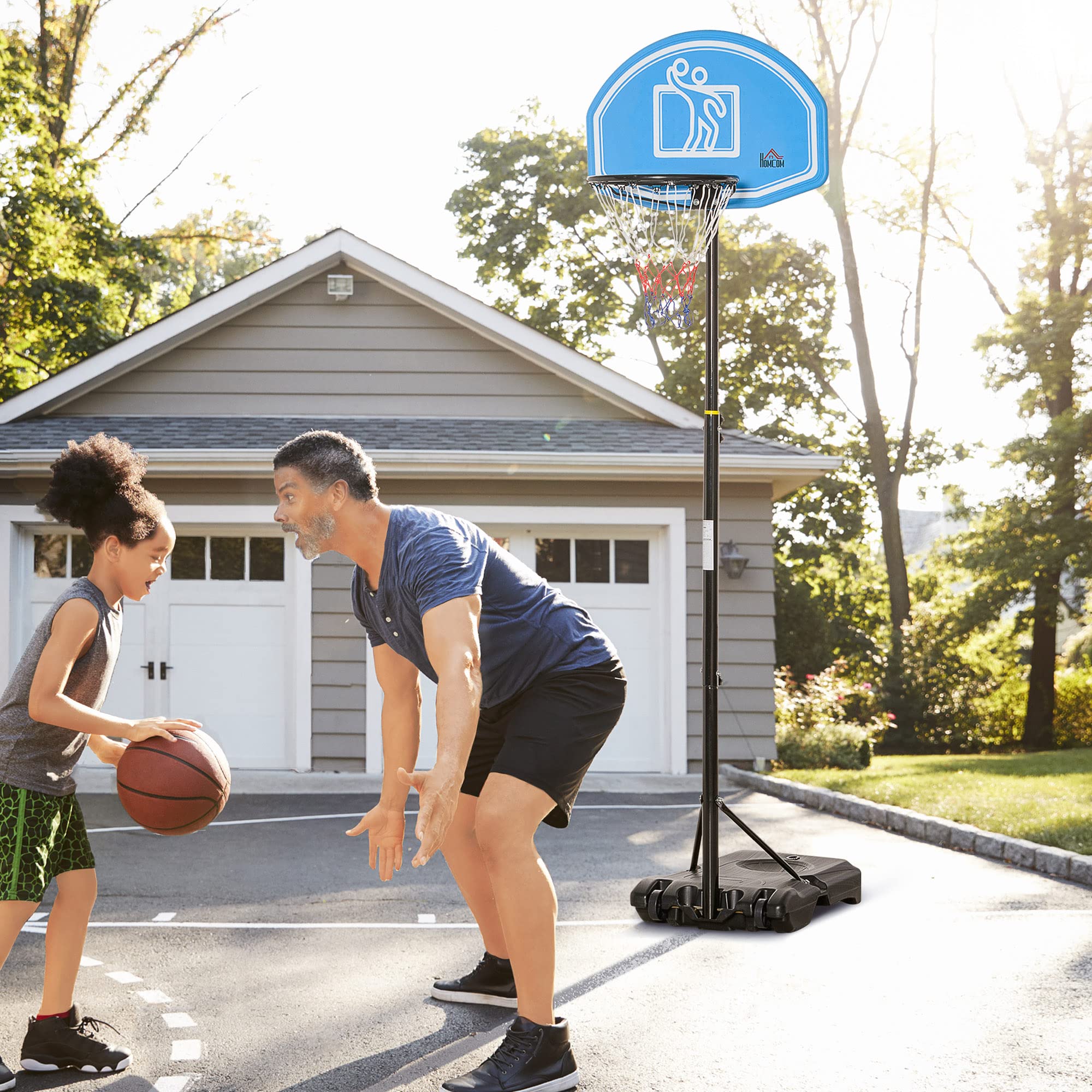 HOMCOM Canestro da Basket Altezza Regolabile 197.5-254 cm, Canestro Trasportabile con Ruote e Supporto, Blu