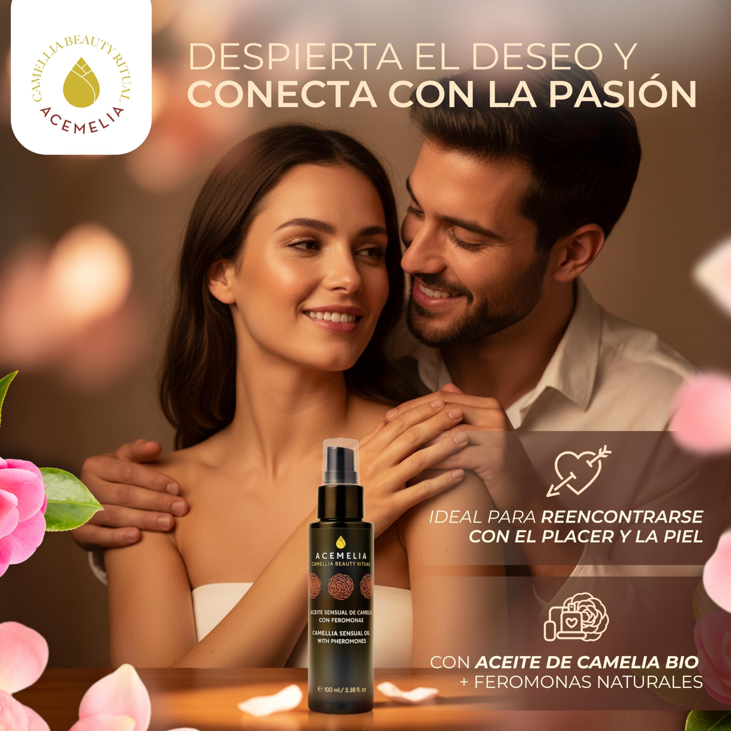 ACEMELIA | Aceite Sensual de Camelia con Feromonas – 100 ml | Aceite de Masaje Erótico Afrodisíaco Natural para Parejas | Nutre, Suaviza y Despierta la Pasión – Vegano y Made in Spain
