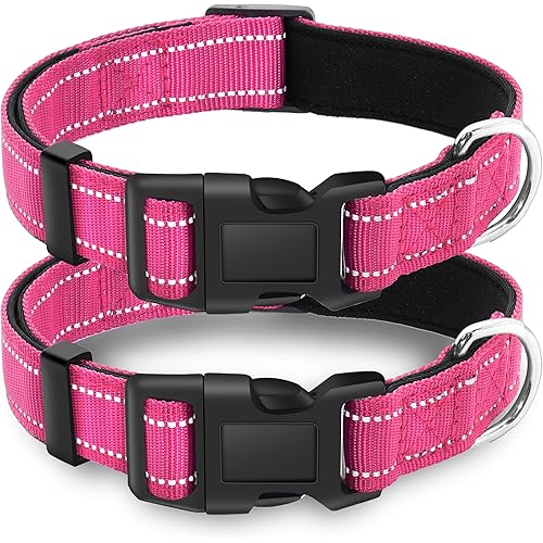 2 Pack Reflective Dog Collar with Safety Locking Buckle, Adjustable Soft Breathable Comfortable Nylon Pet Collar for Small, Medium and Large Dogs, Hotpink, S