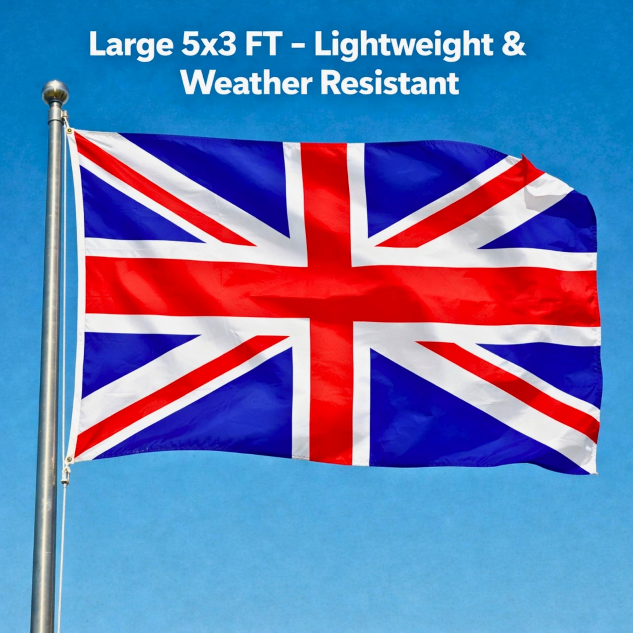 The SHATCHI 5x3ft Union Jack flag displayed outdoors, showcasing its vivid colours and patriotic design.