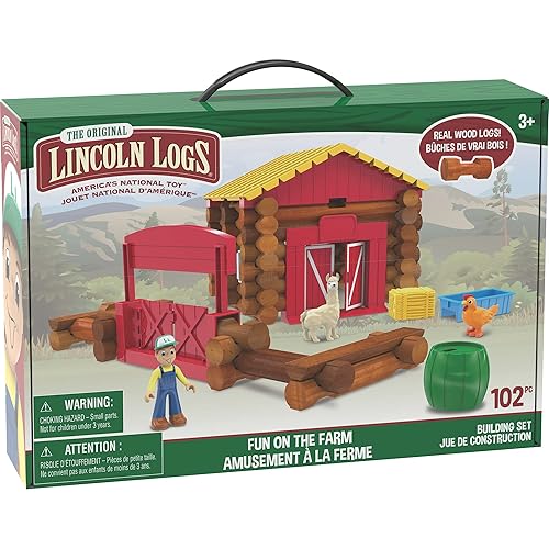 Basic Fun Lincoln Logs | Fun on the Farm Building Set | 100+ Piece Learning Engineering Kit for Kids, Real Wood, Toys for Children Ages 3 00858 - Farm