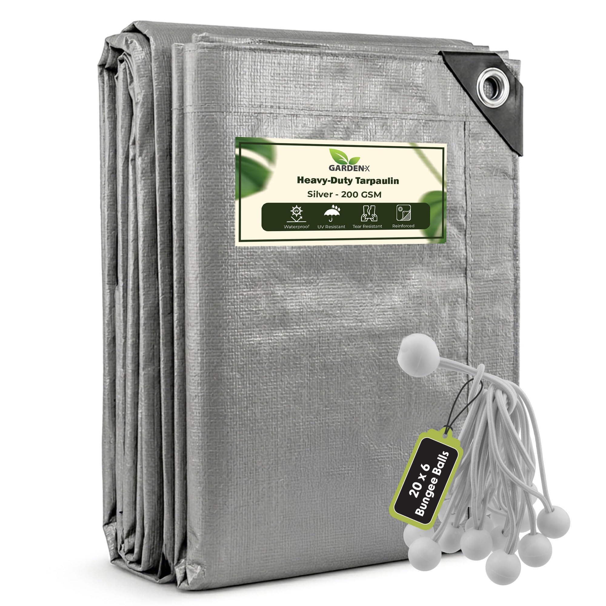 GARDENIX 2m x 2m Grey Heavy Duty 200gsm Tarpaulin Waterproof Tarp Sheet Cover, Groundsheet, Multipurpose, Reinforced + 20 x 6" Bungee Balls (White)