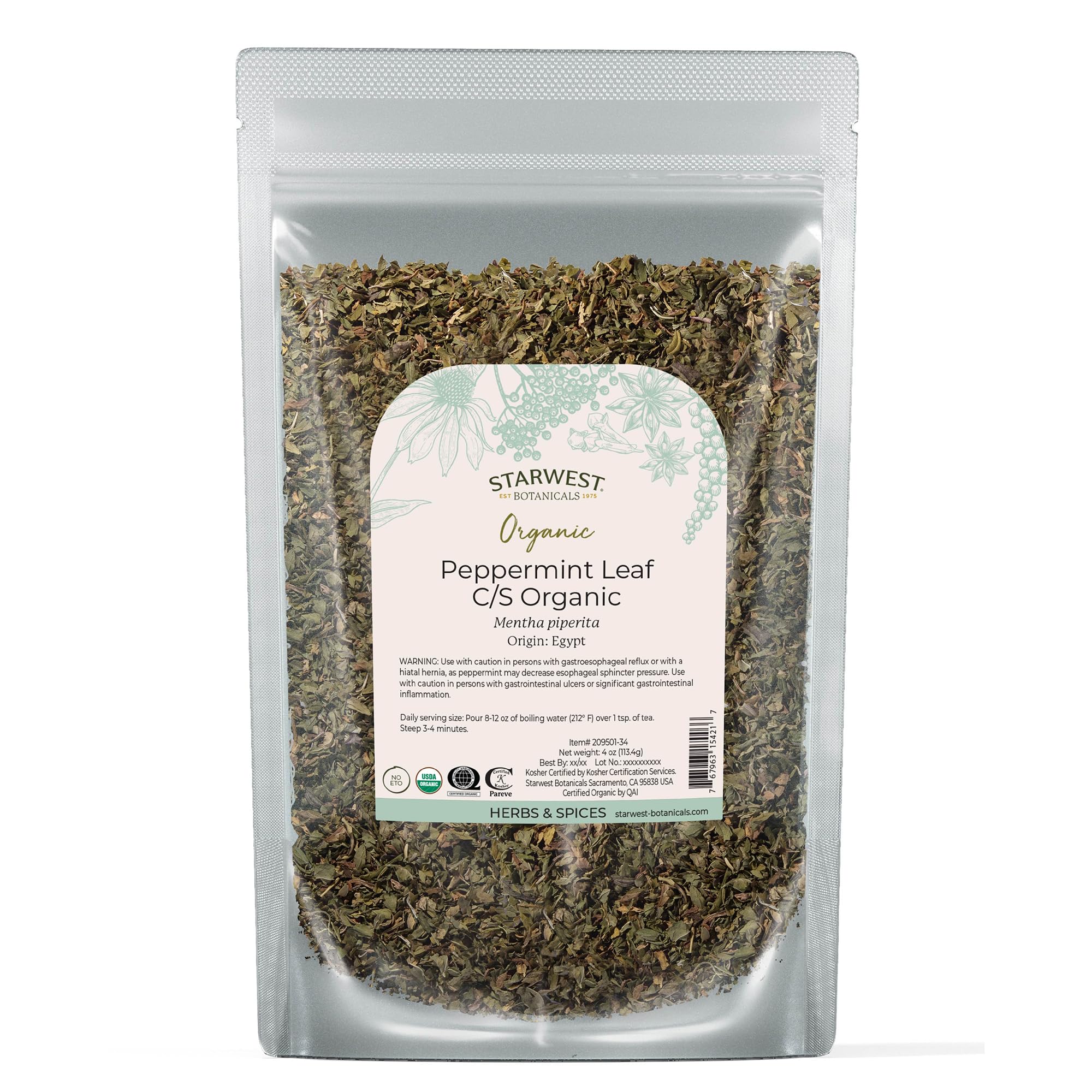 Starwest Botanicals Organic Peppermint Leaves Cut & Sifted - 4 oz Pouch 4 Ounce (Pack of 1)