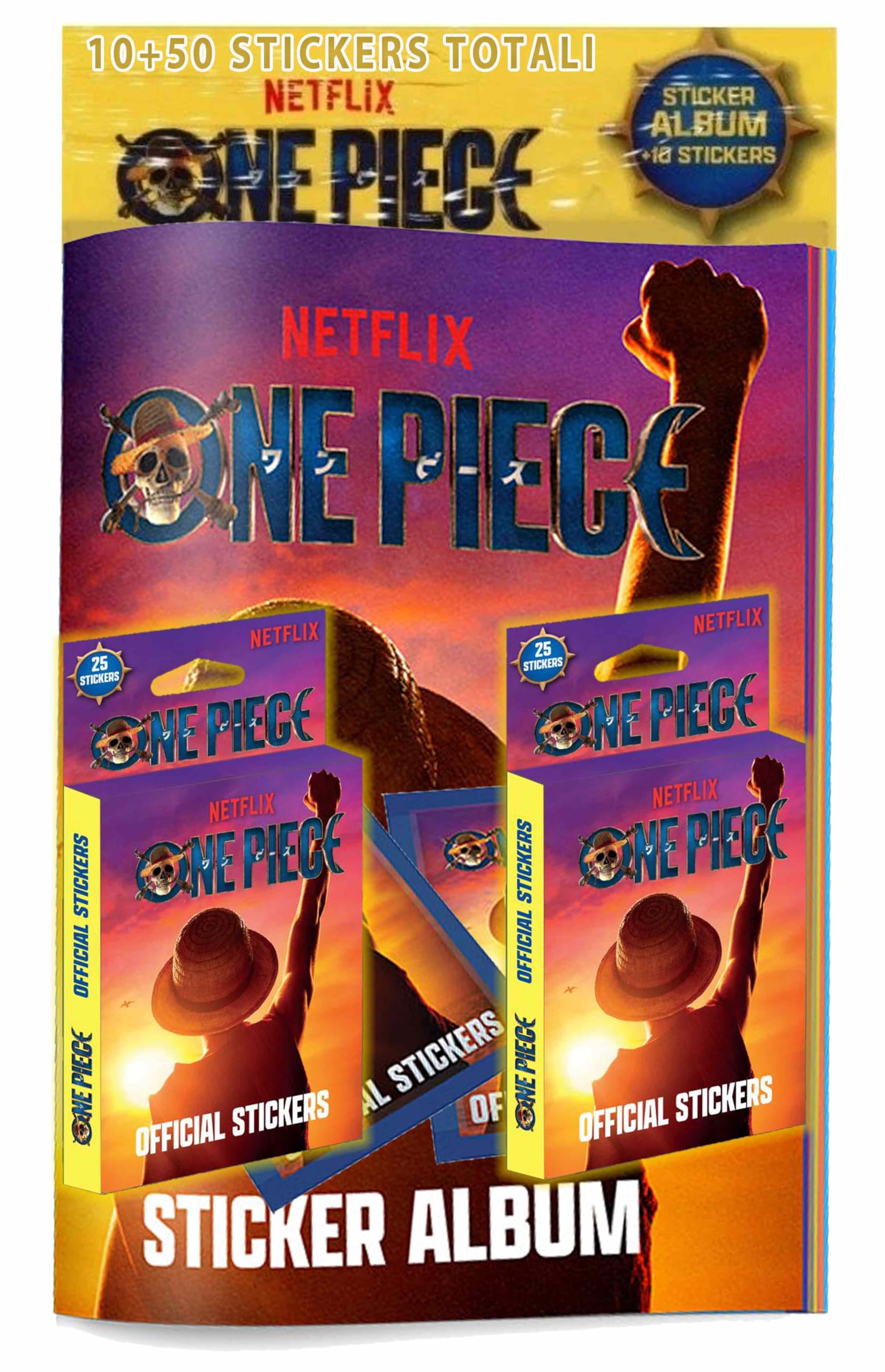 Album Figurine One Piece+2 bustine da 5 Figurine+ 2 Deck da 5 bustine – Collezione Carte One Piece Diramix -Netflix