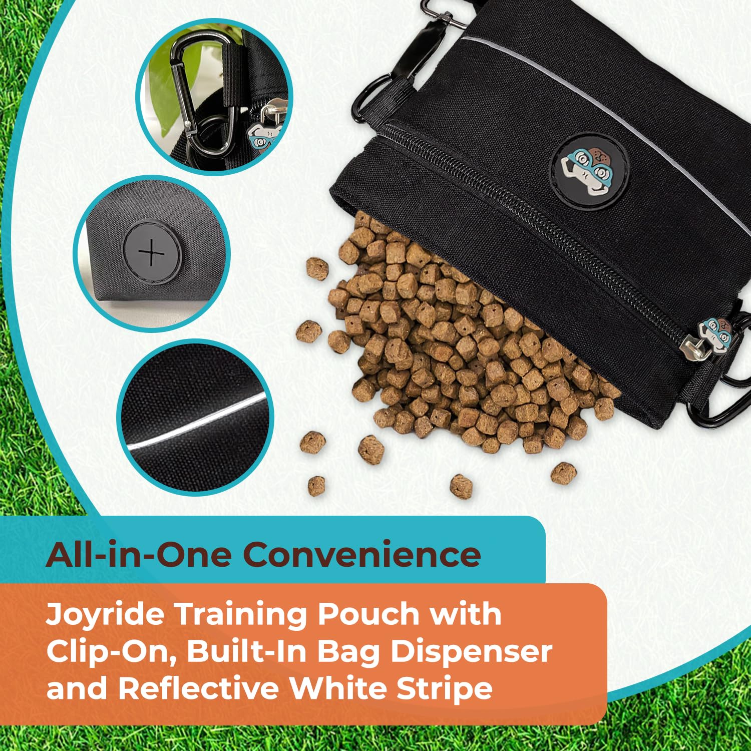 Joyride Harness Pochette de dressage pour chien – Ceinture réglable, fonction clip et distributeur de sacs à déjections canines intégré, compact, durable et élégant