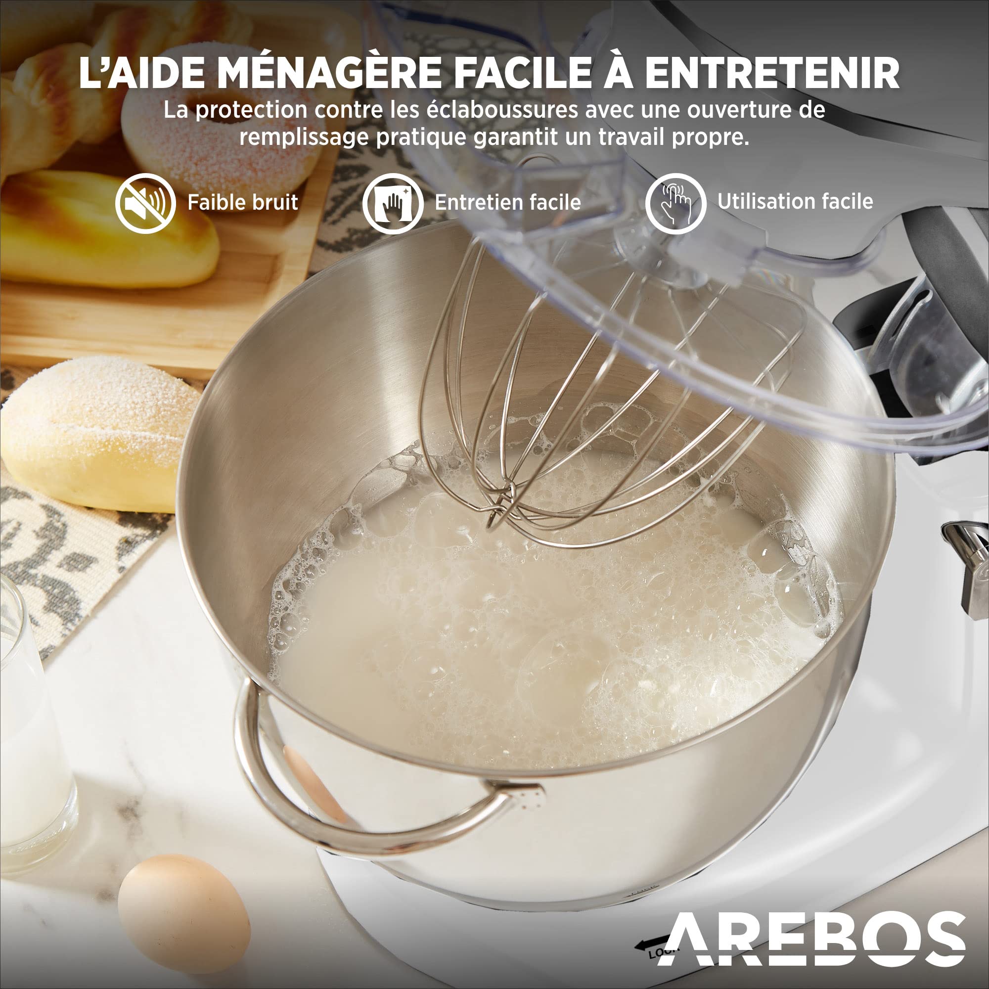 Arebos Robot Pâtissier Professionnel 1500W | Blanc | Robot de Cuisine Multifonction avec Fouet, Batteur, Crochet | Bol d'Acier Inoxydable 6 Litres | 6 Vitesses | Fonction Pulse