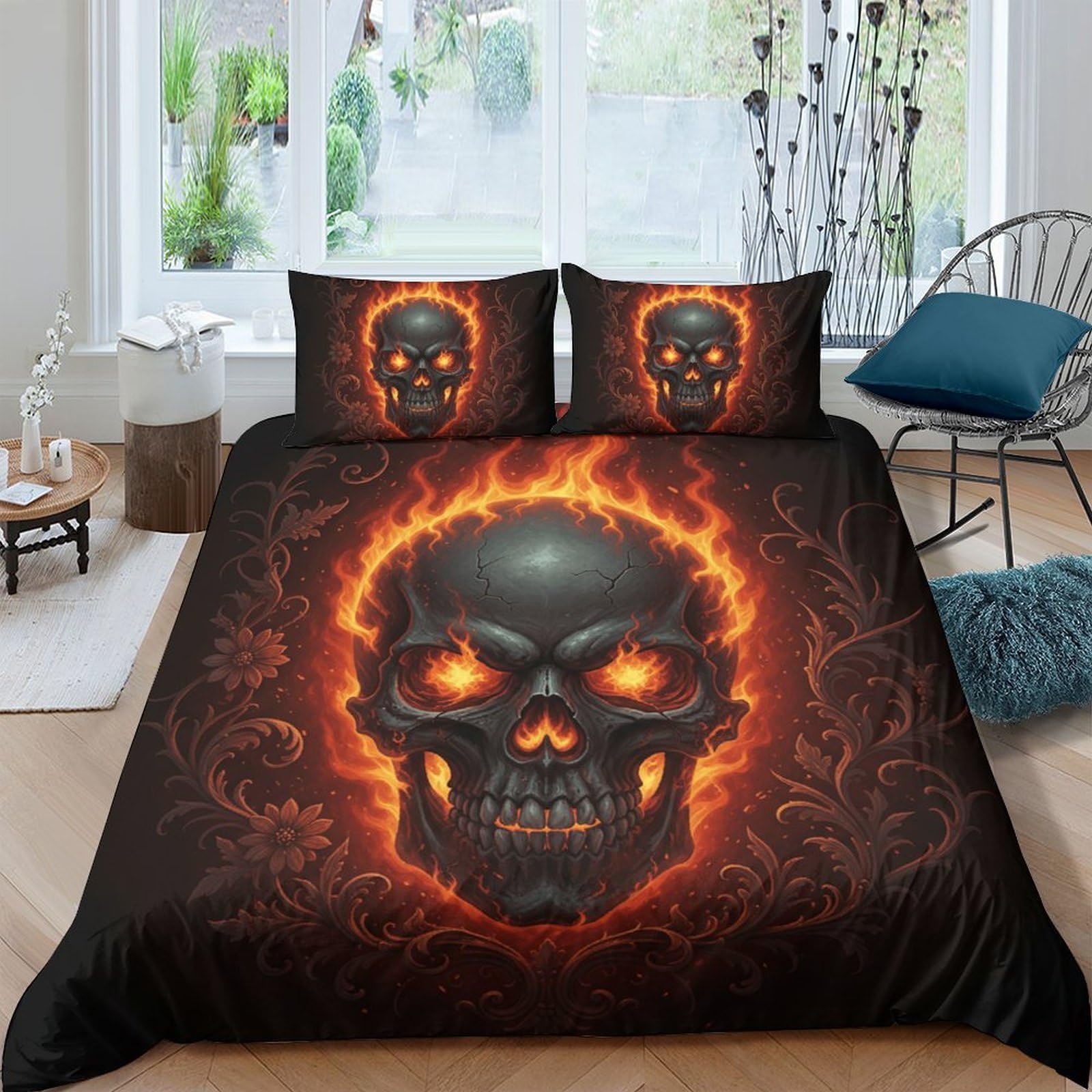 Ctjqhvkz Style-6 3D Printed Flaming Skull Fitted Sheet Microfiber Soft Black Gothic Skull Mattress Cover For Bedroom Dorm Decor Easy Care Single（135X200cm）