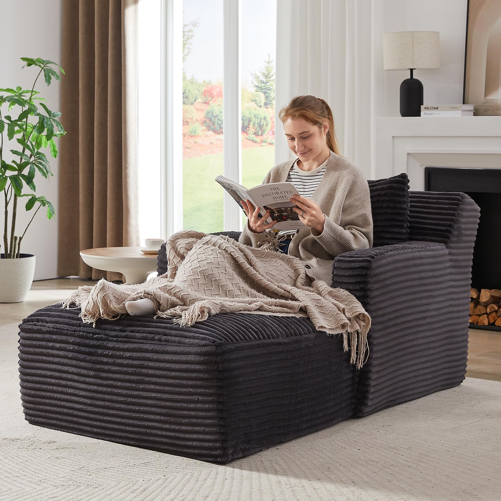 Chaise Lounge Chair Indoor Upholstered Corduroy Single Lounge Sofa Couch Comfy Reading Recliner Sleeper Sofa Chair Bed with