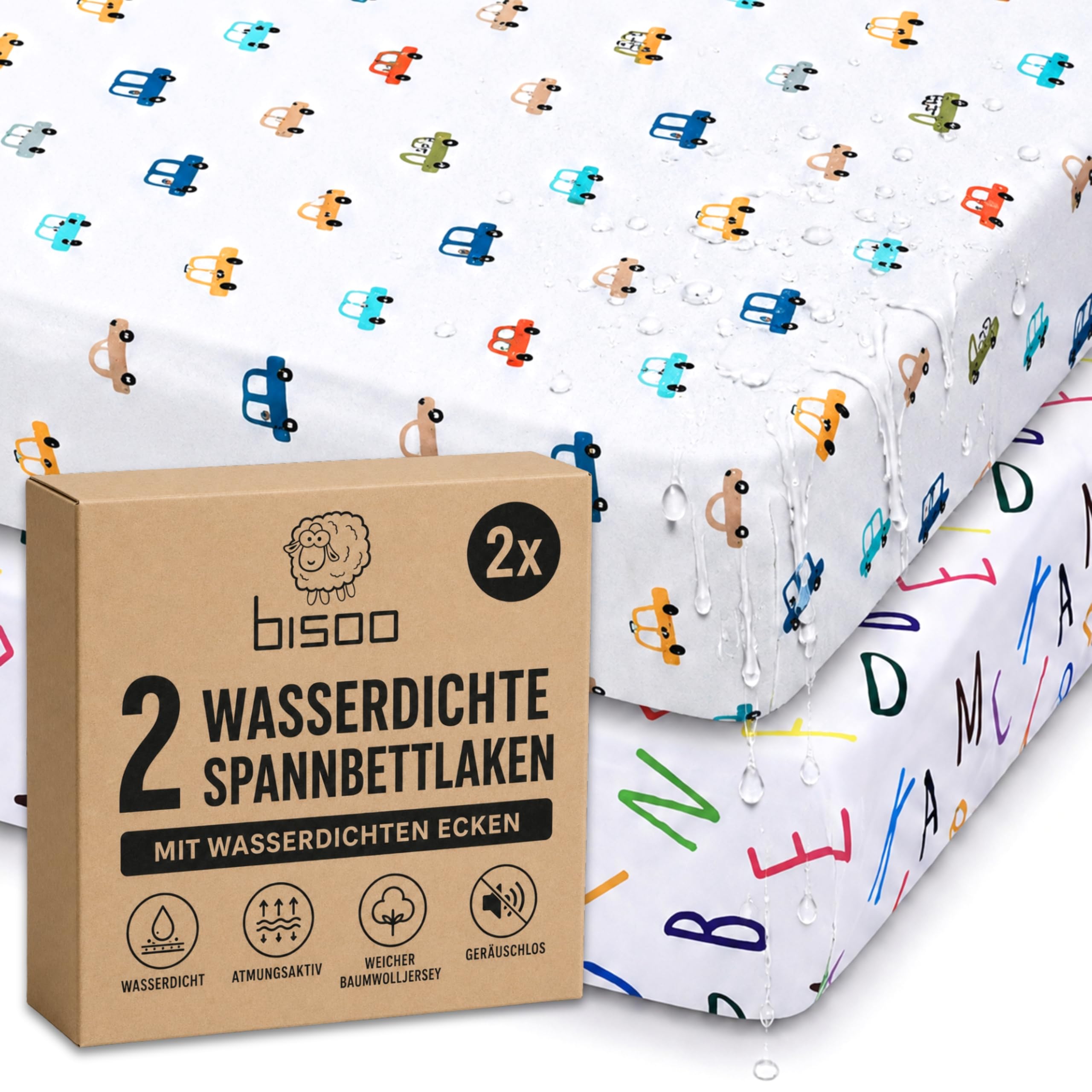 Bisoo Zauberlaken Spannbettlaken 35x75 Buchstaben + Autos für Kinderwagen | Laken und Matratzenschoner in einem Stück, Ersparnis, Wasserdicht, Atmungsaktiv, Geräuschlos, Baumwoll-Jersey Oeko-Tex