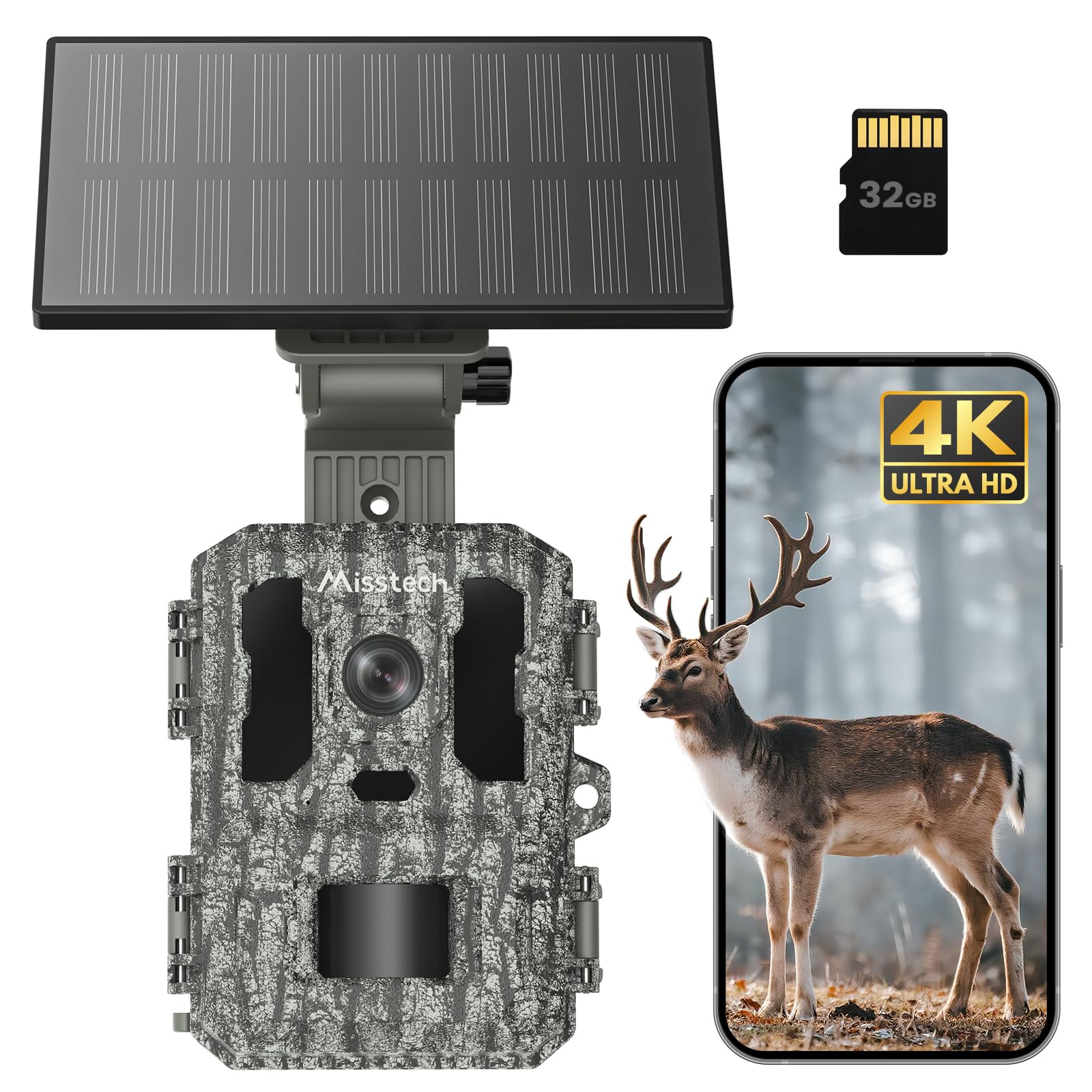 Misstech 4K UHD Solar Trail Camera for Game & Wildlife Monitoring - 0.1s Fast Activation to Record Animals, 64MP/4K Clear Night Vision, No Monthly Fee