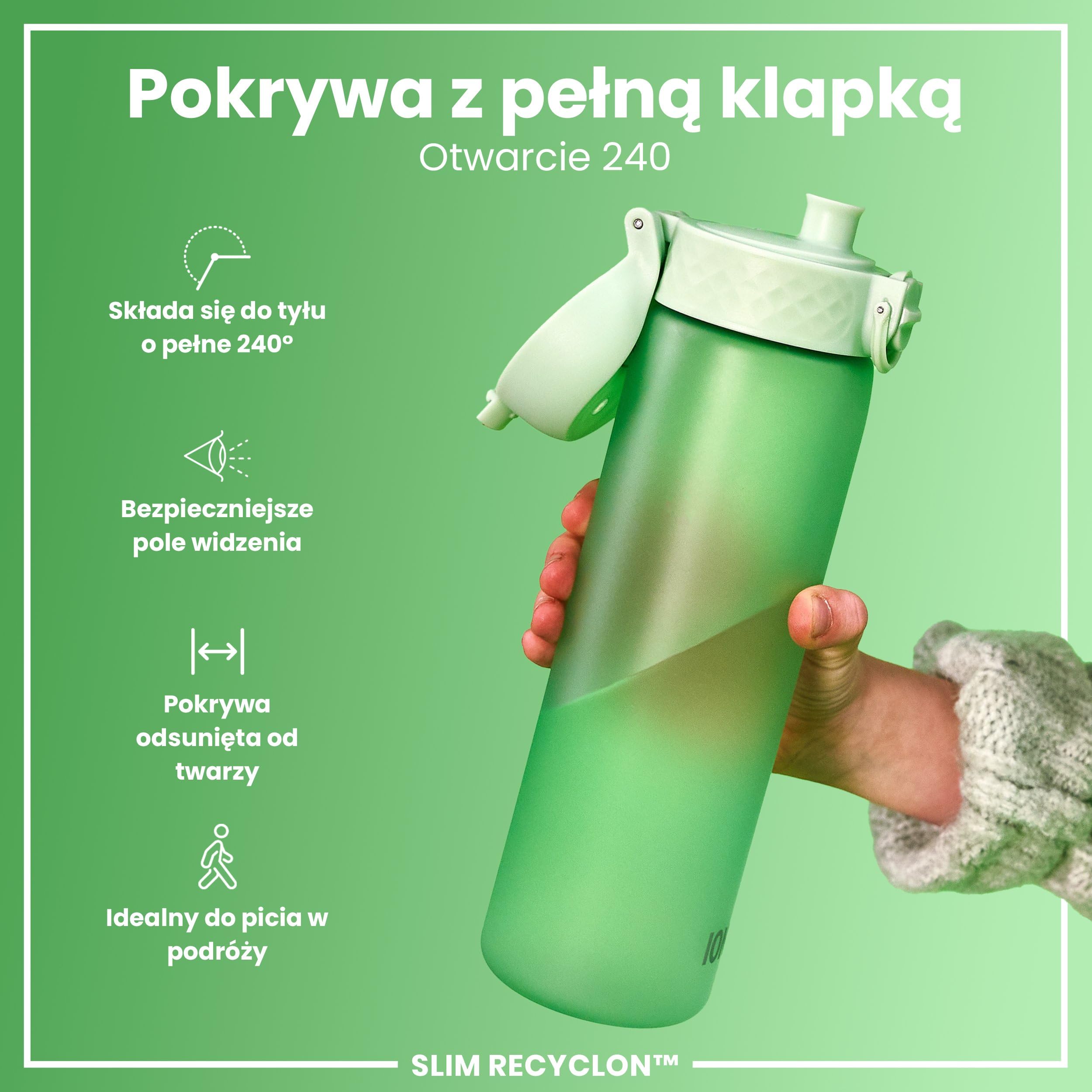 ION8 Butelka na Wodę, 500 ml/18 oz, Szczelna, Łatwe Otwieranie, Bezpieczny Zamek, Można Myć w Zmywarce, Bez BPA, Higieniczne Pokrycie, Uchwyt do Przenoszenia, Łatwa Czyszczenie, Bezwonny, Zielony Surf