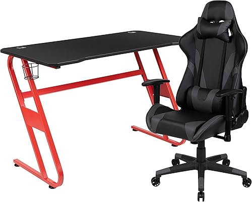 Miniatura 282 de Flash Furniture Juego de escritorio para juegos negro y silla de carreras blanco/negro con soporte para tazas, gancho para auriculares y soporte