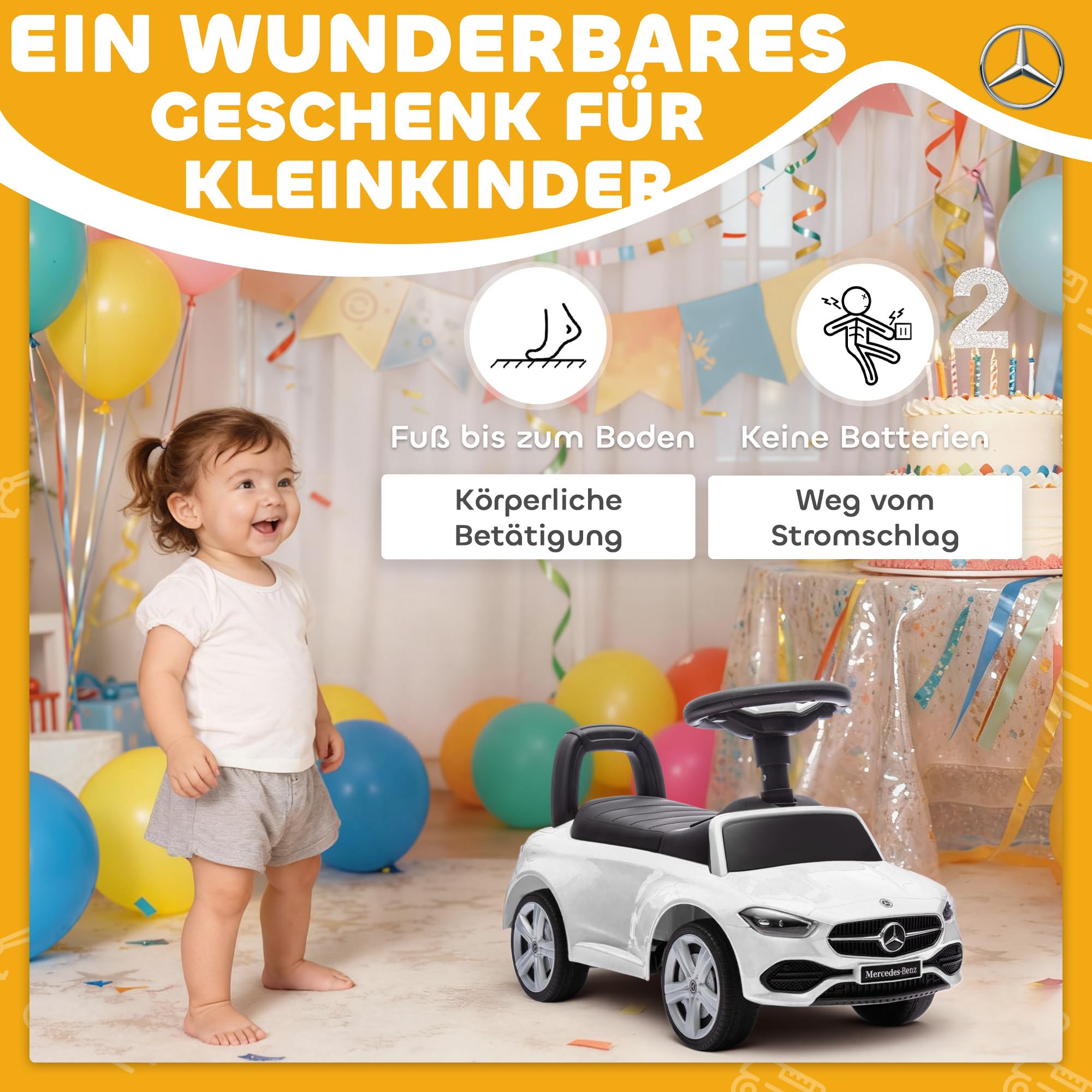 AIYAPLAY Mercedes-Benz C-Class Rutschauto, Rutschfahrzeug mit Hupe, Motorgeräuschen, Kinderfahrzeug mit Stauraum unter dem Sitz, für Kinder von 18-36 Monaten, Weiß
