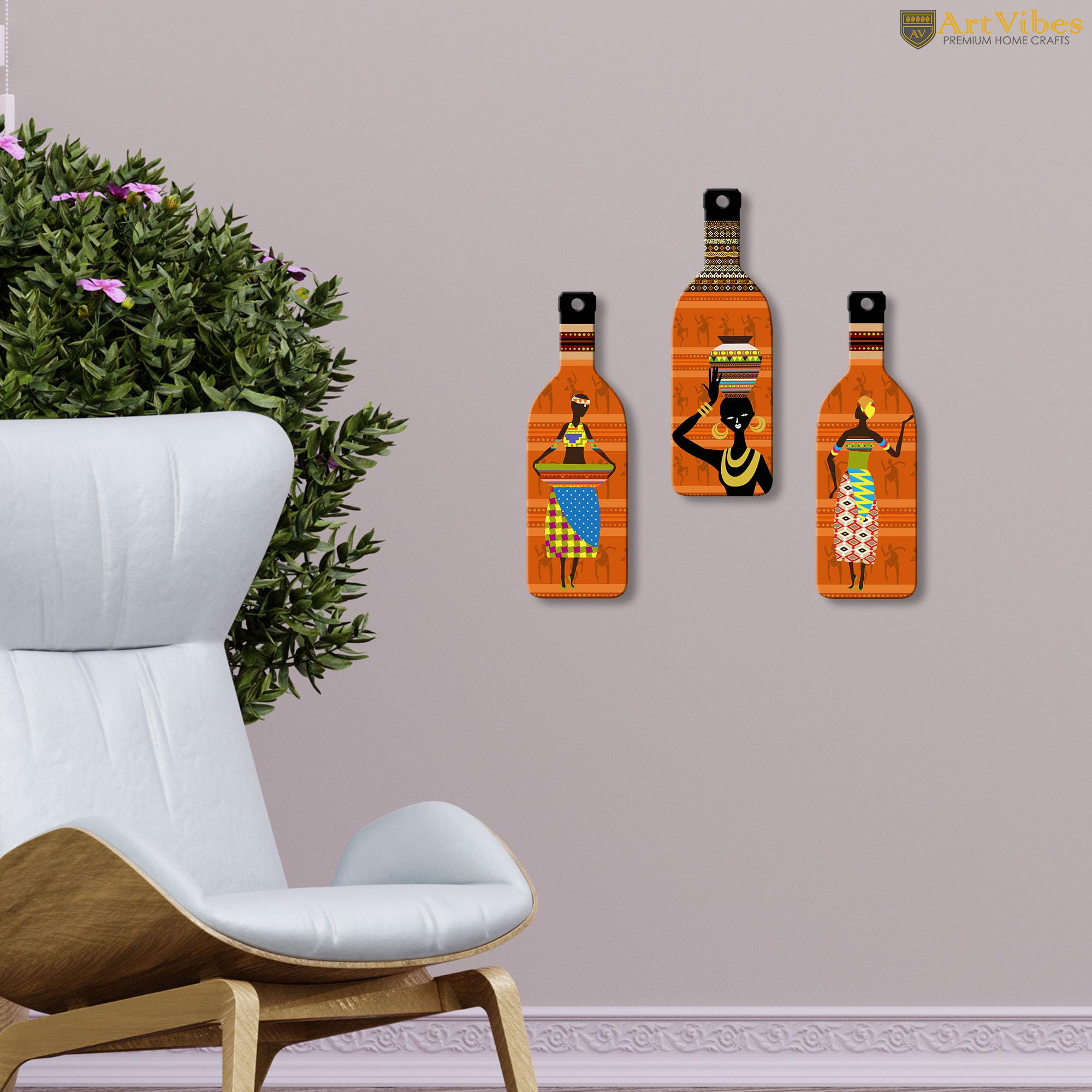 Artvibes African Women Warli Art Decor Bottle shaped Wooden Wall