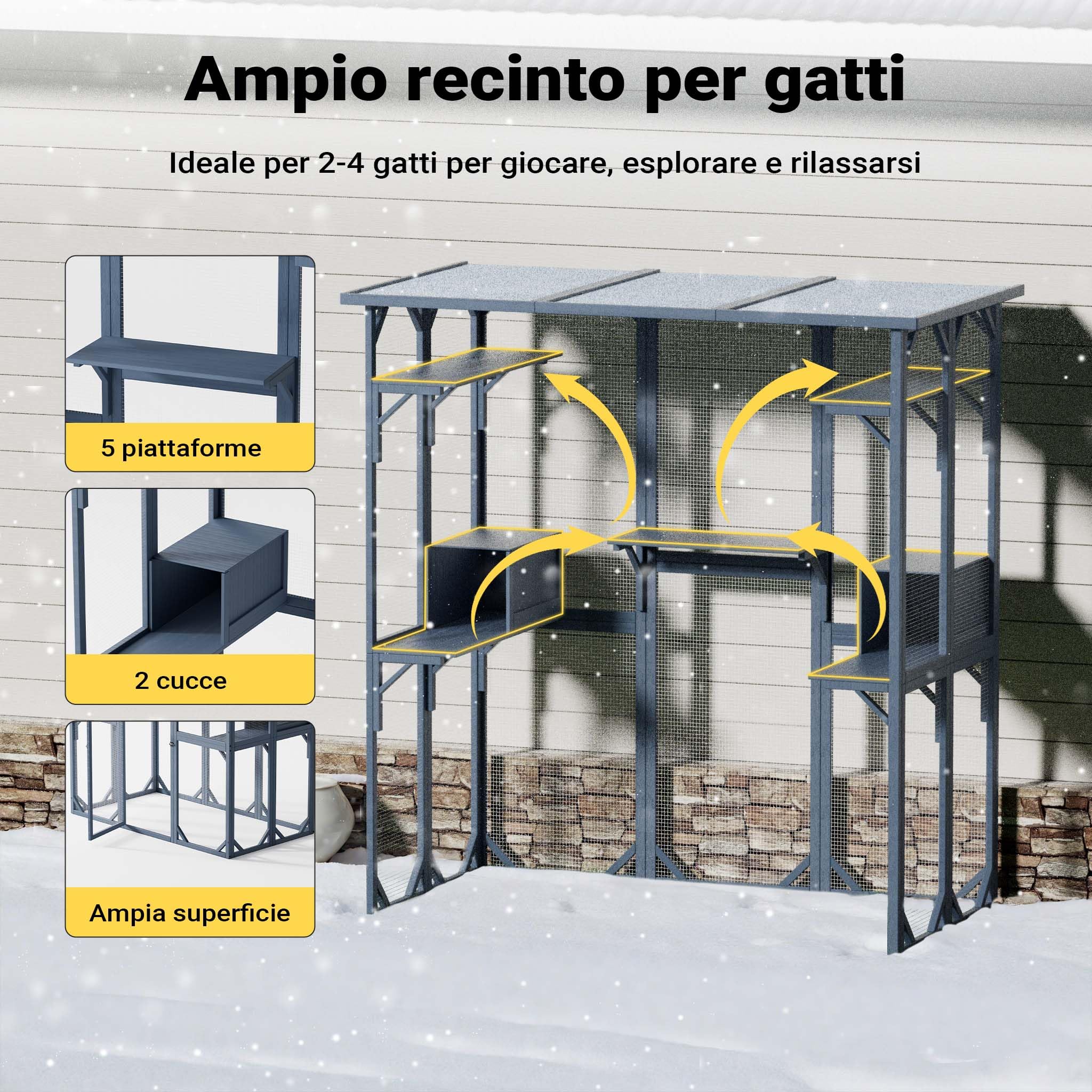 Wiltec Recinto per gatti da esterno 1705 x 925 x 1810 mm, recinzione antifuga in legno con tetto in asfalto, diversi livelli, per giardino, balcone, terrazzo