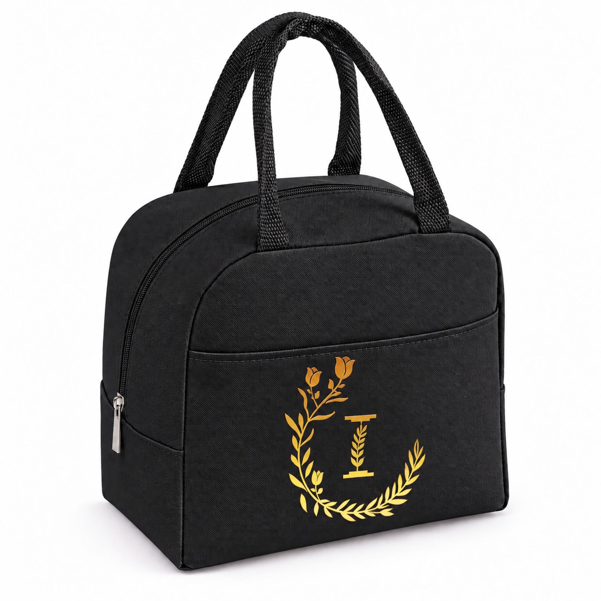 Personalized Black Initial Letters Insulated Lunch Bag for Women Men Kids-I