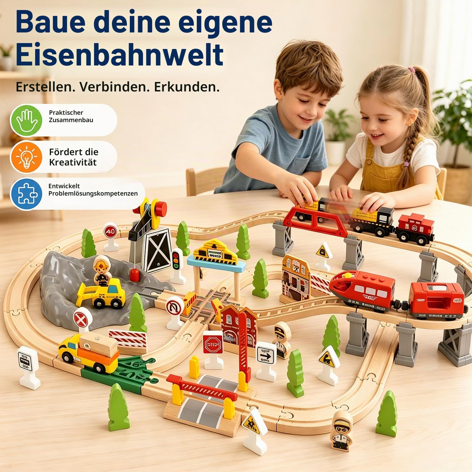 Holzeisenbahn Set, 100 Teiliges Holzeisenbahn Schienen und Zug Spielzeug, Modelleisenbahn, mit Elektrische Lok und Magnetkran, Zug Spielzeug Geburtstag Geschenk für Jungen Mädchen ab 3 Jahren