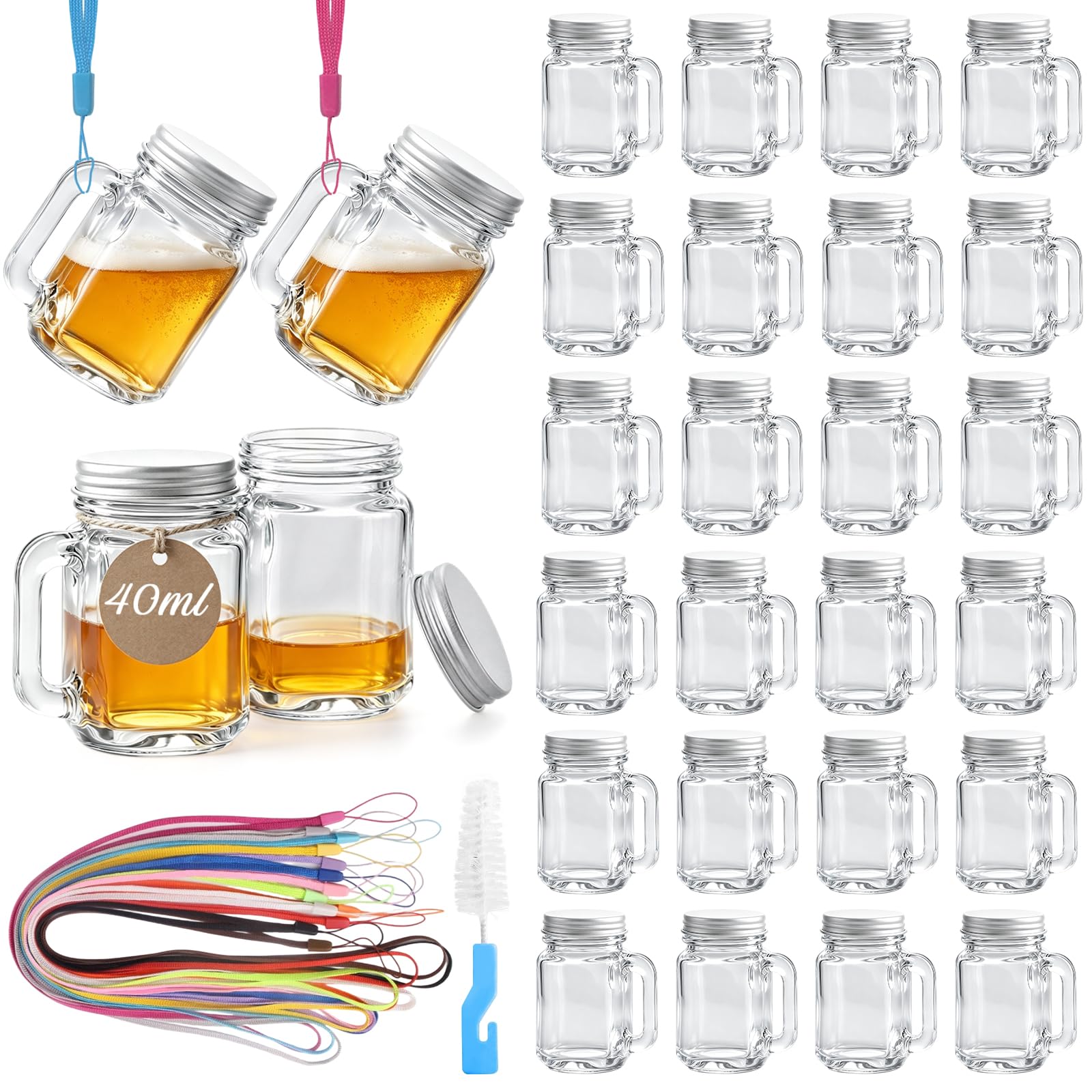 Mssushi Lot de 28 Verre a Shot Mason Jar avec Anse 40 ml, Petite Bouteille en Verre avec Couvercles à Visser, Mini Verres à Liqueur avec Couvercle, avec 28 Lanière pour Shot Ginger, Vodka, Tequila