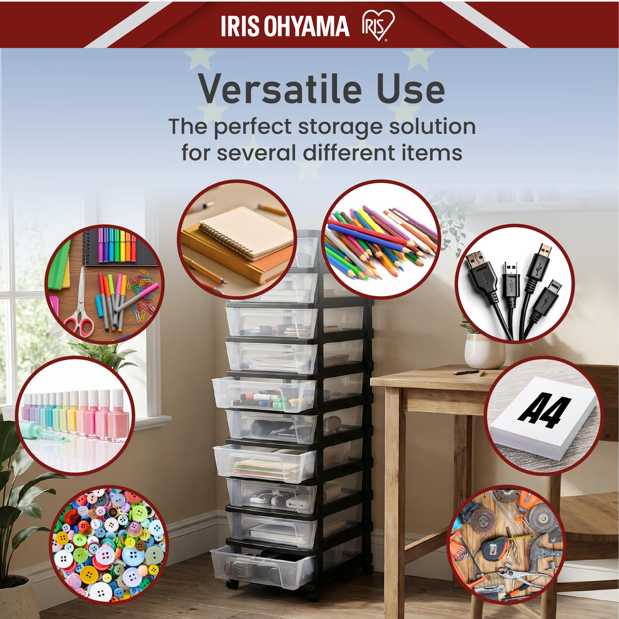 Iris Ohyama, Torre de Almacenamiento de Plástico con Ruedas, 10 Cajones Compactos, Negro, Fácil Apertura, Organizador para Oficina y Dormitorio, Sin BPA, KMC-010