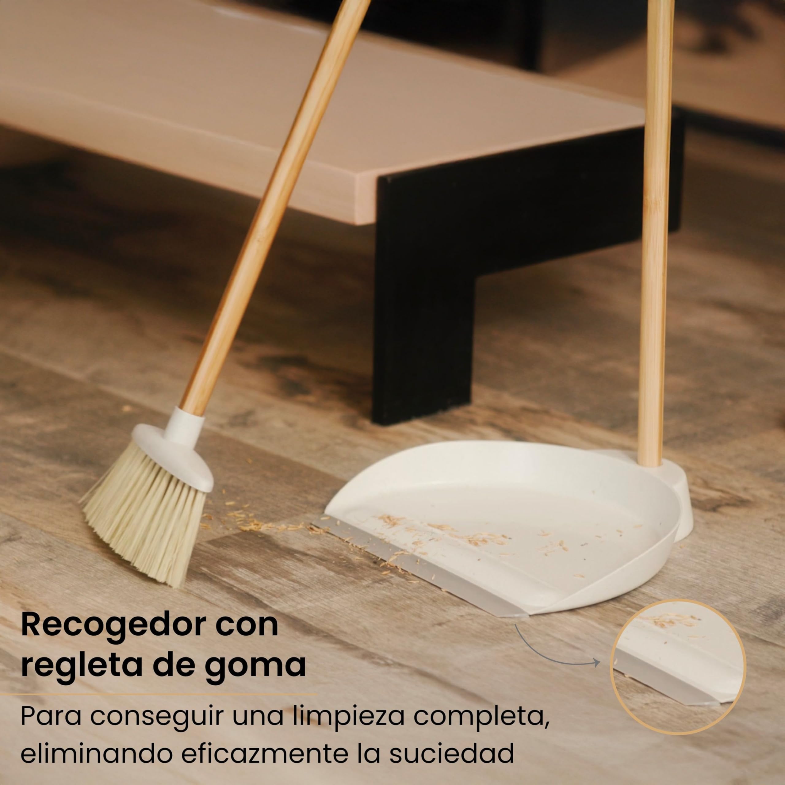 Vigar Zeroline Escoba y Recogedor Mini Desmontable Sistema Clic, Mango Bambú Natural con Regleta Goma, Cepillo Barrer Broom and Dustpan Set Compacto para Limpieza Hogar Cocina Interior, Gris