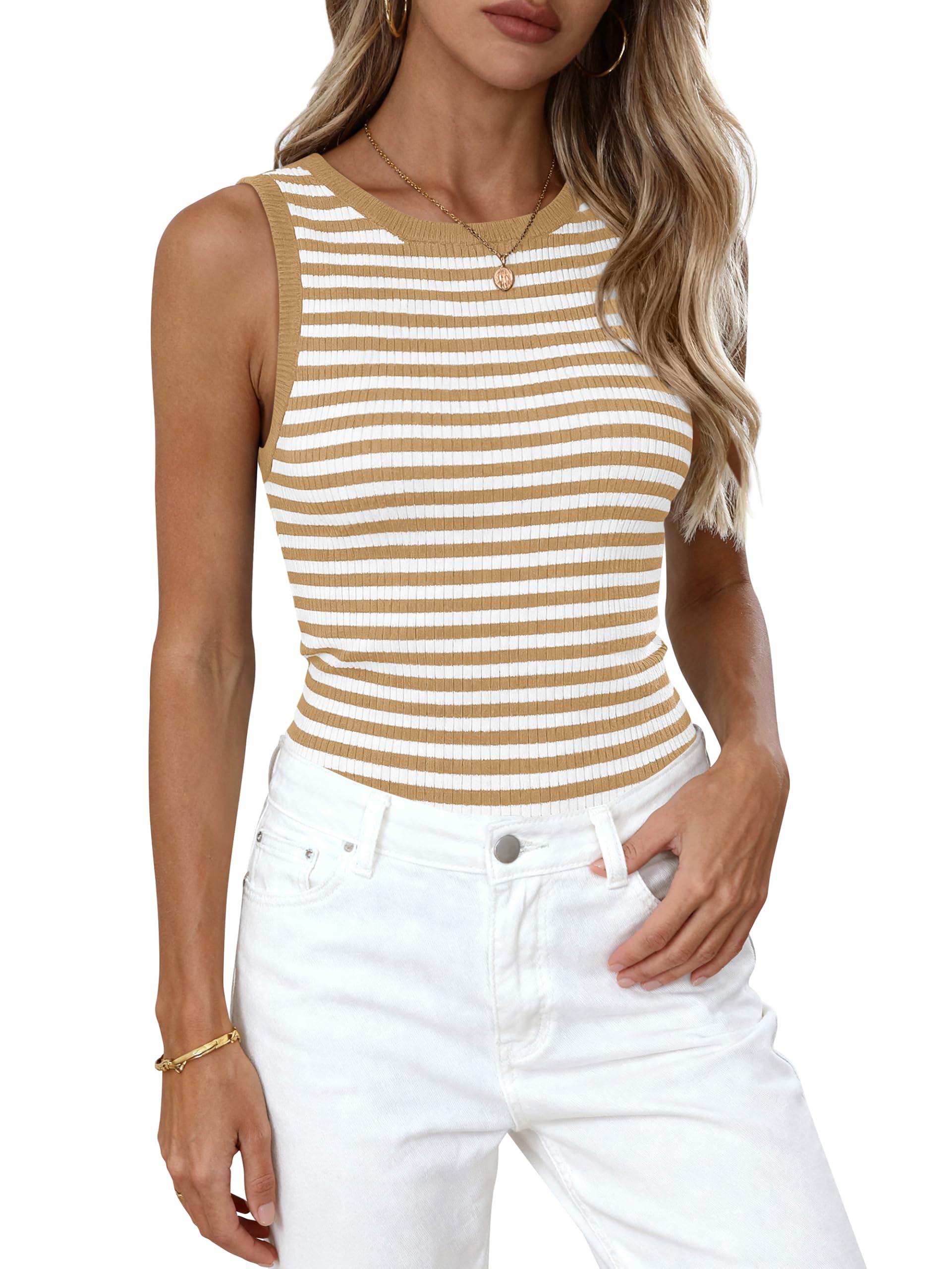 PRETTYGARDEN Summer High Neck Striped Tank Tops for Women Casual Sleeveless Sweaters Basic Ribbed Knit Slim Fitted Shirts