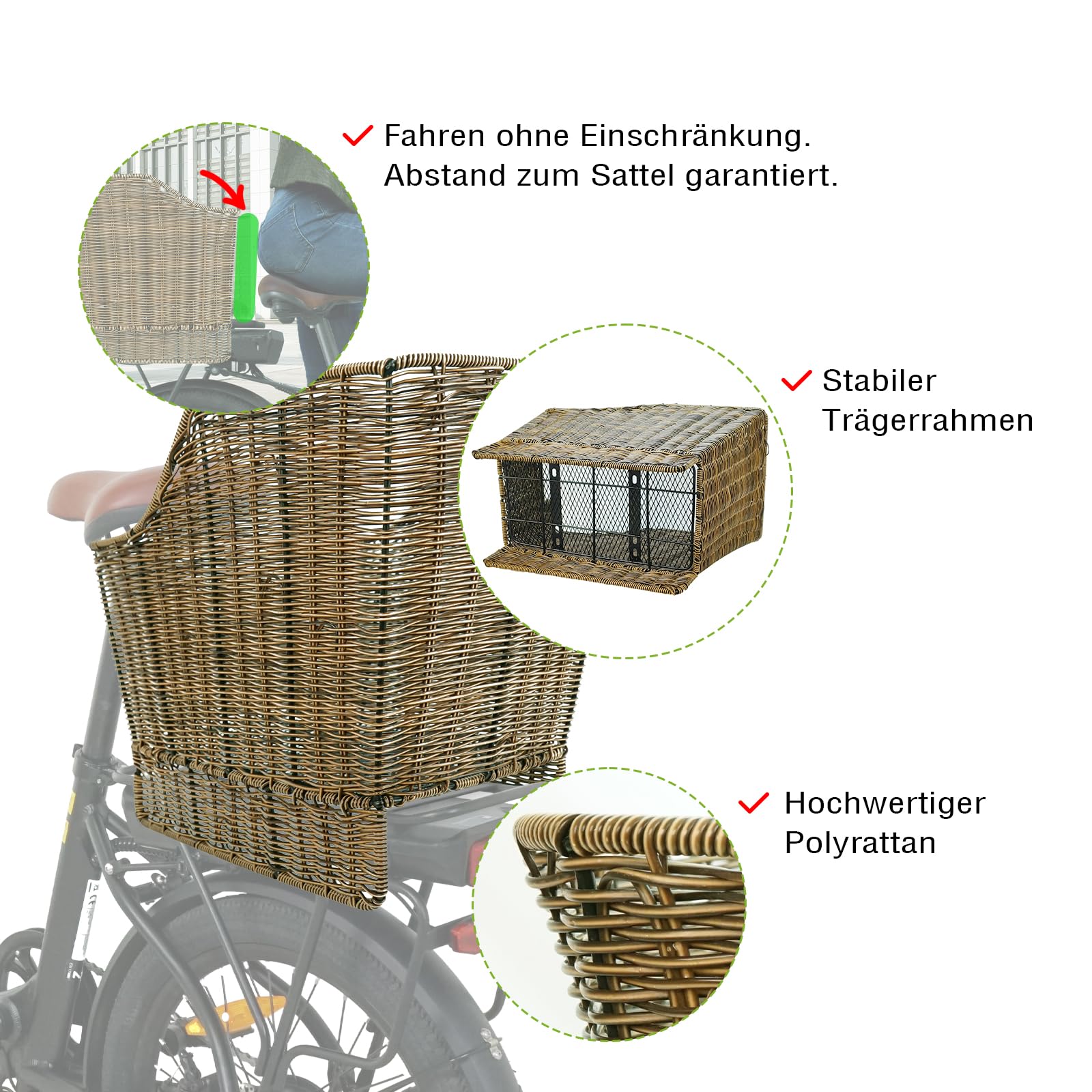 Fahrradkorb Hinten, Abnehmbarer Gepäckträgerkorb aus hochwertigem Polyrattan, Zubehör für E-Bikes und Citybikes
