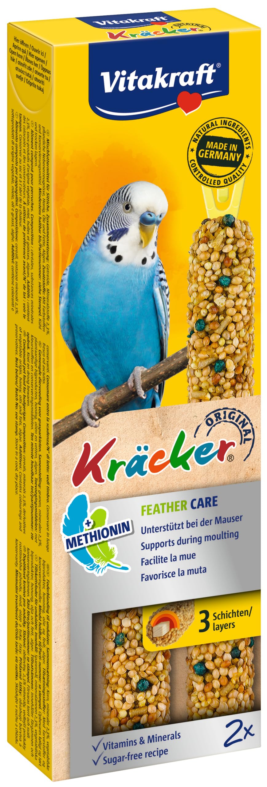 Vitakraft Kräcker, a sostegno della muta, per la muta, bastoncini da sgranocchiare per pappagallini ondulati, con vitamine e minerali, senza zuccheri aggiunti (10x 60g)
