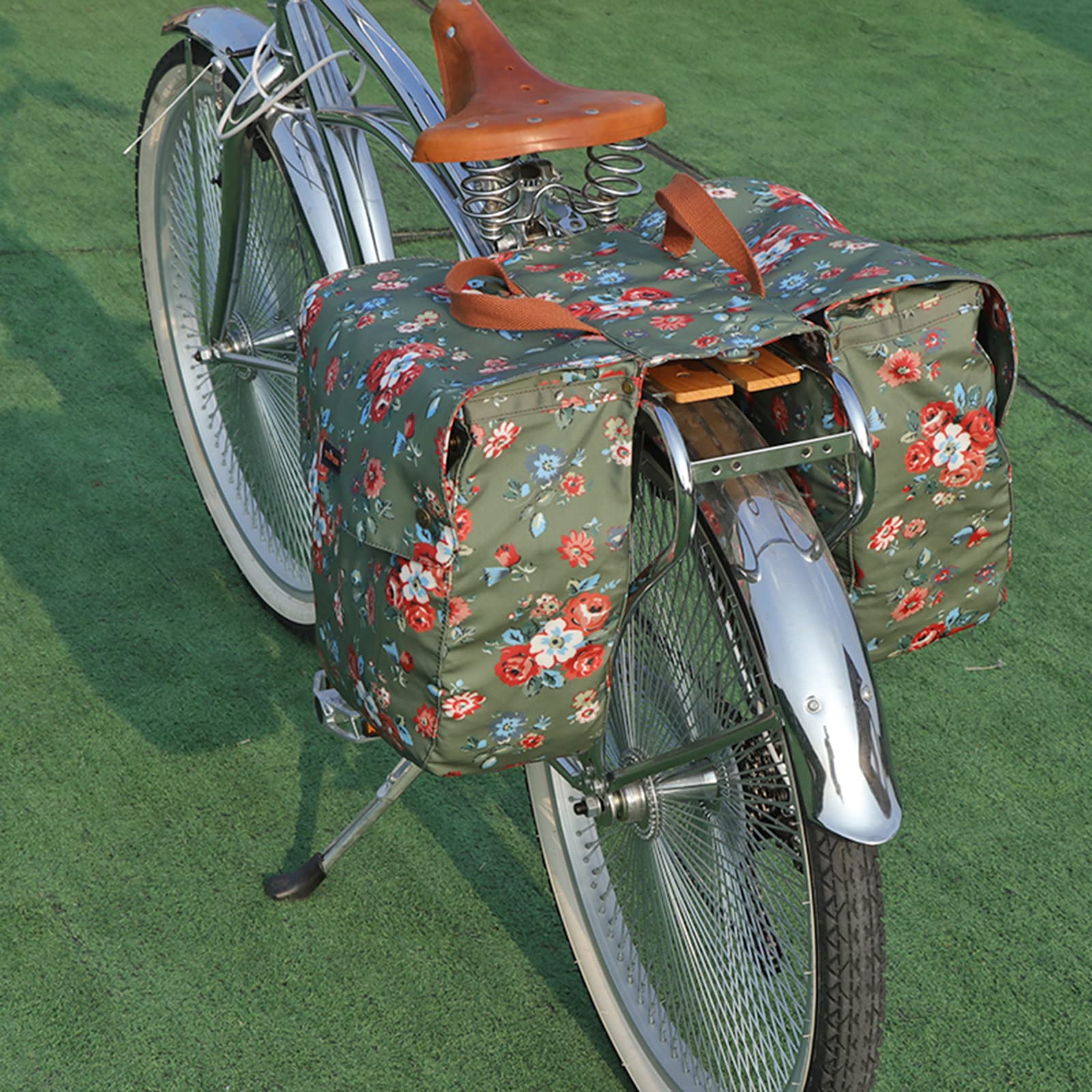 Sac de Rangement en Toile imperméable pour siège arrière de vélo Double Sac Enroulable (Motif Fleur) Green 33x12.5x30cm T-TB748CA-FL