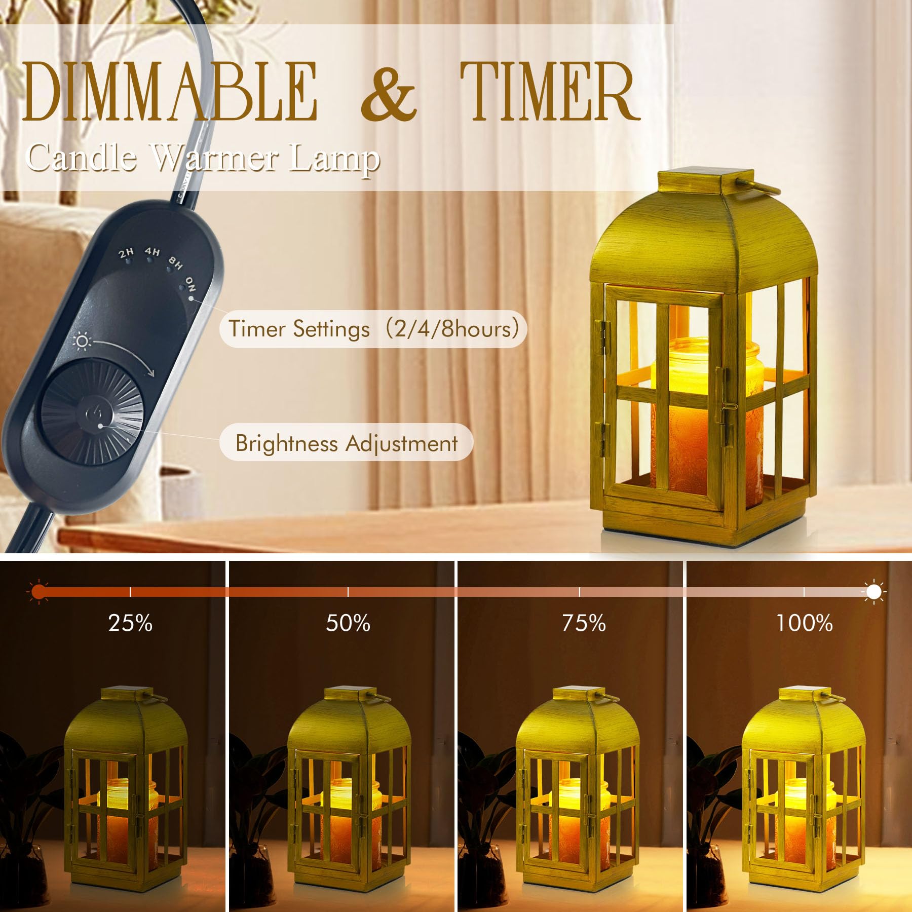 Farmhouse Candle Warmer Lamp with Timer,Lantern Candle Warmer,Large Candle Lamp Light Dimmable,Fully Enclosed&Hanging Up- Staying Away from Children/Pet,Gold Burner Lamp Candle Warmer with 2 Bulbs