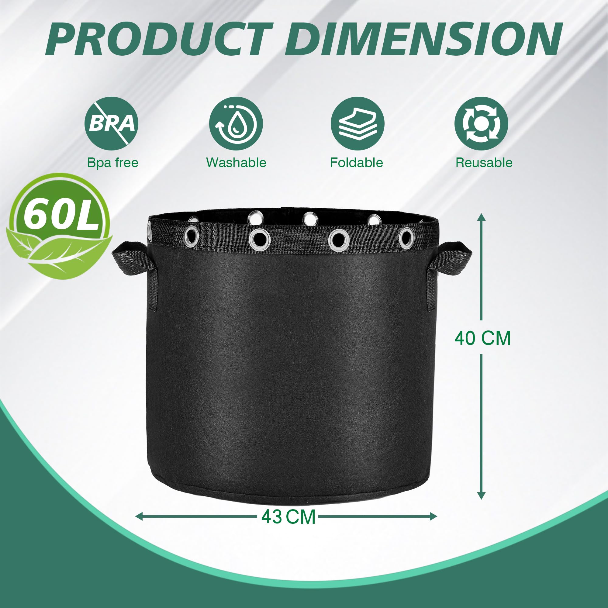 Lot de 5 sacs de plantation de 60 l en tissu non tissé, pour entraînement des plantes à faible stress, réutilisables, pour balcon, terrasse, serre et jardin, 60 l