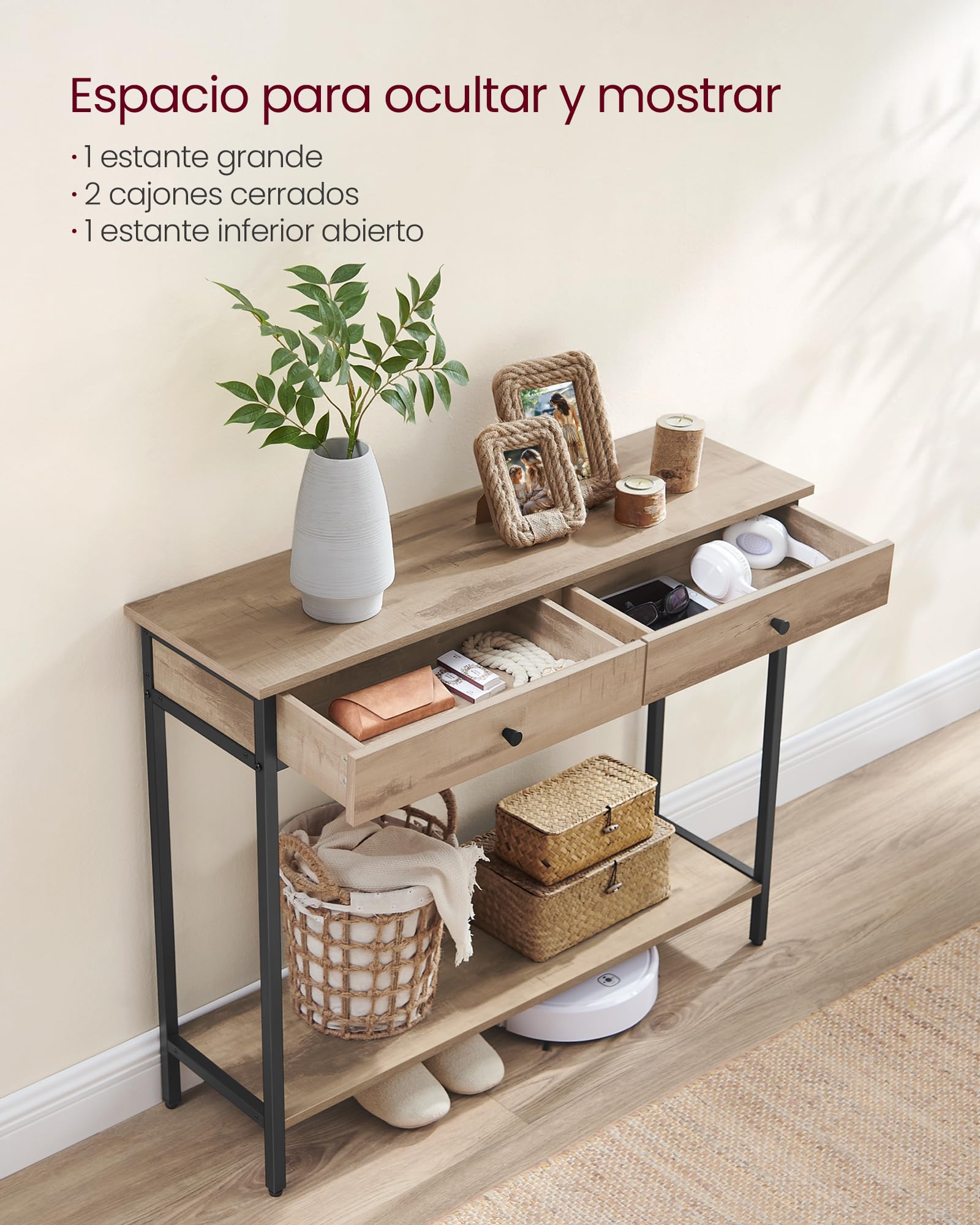 VASAGLE Mesa de Consola, Mesa de Sofá con 2 Cajones, Marco de Acero, Estable, para Pasillo, Dormitorio, Salón, Estilo Industrial, Marrón Camello y Negro Tinta LNT015W01